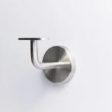 A handrail bracket with a round base plate, a curved support arm, and a flat mounting plate on top in Stainless Steel 70mm 43mm