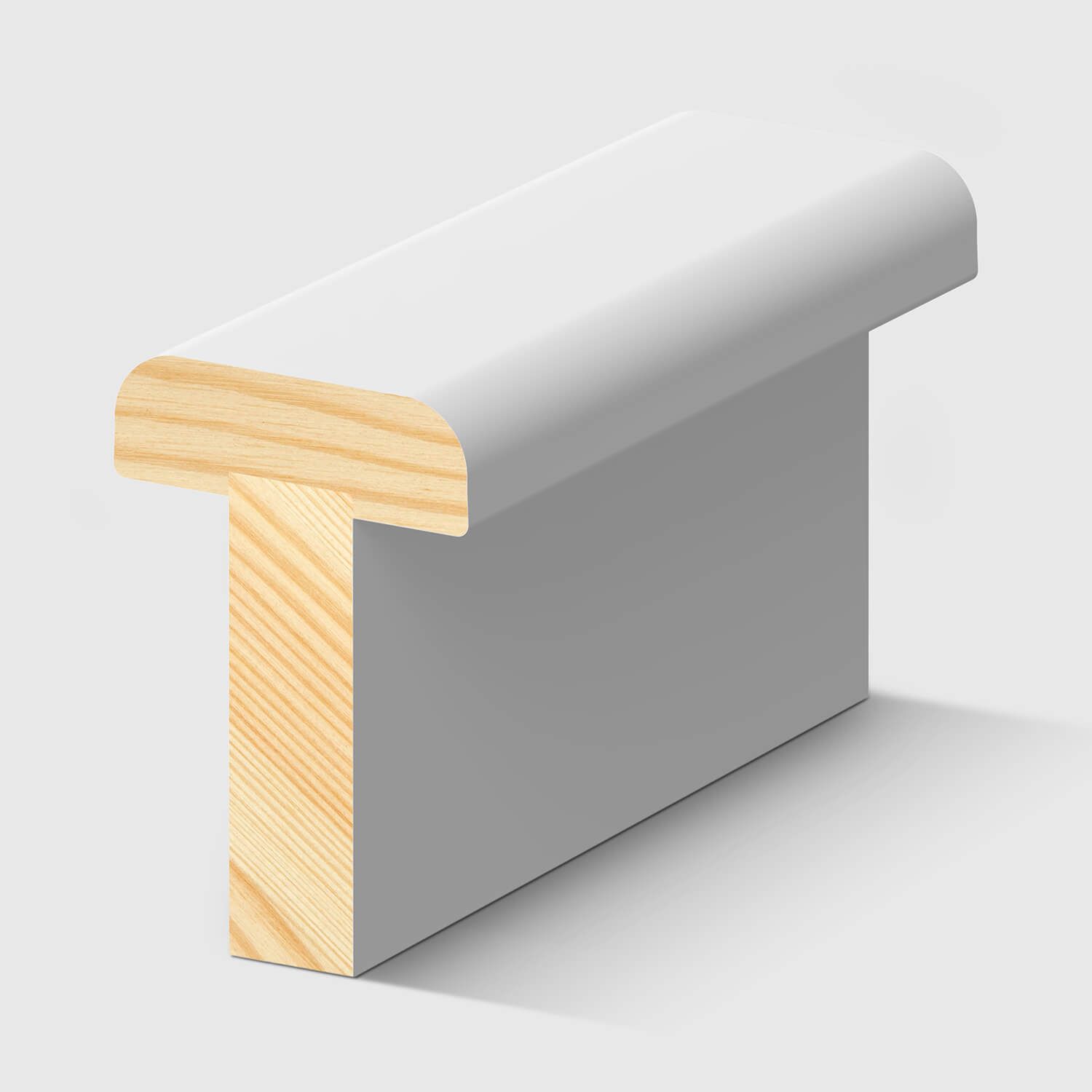 A timber stair nosing with a rounded edge and T-shaped profile in Primed FJ Pine 45 x 30mm 2.4m