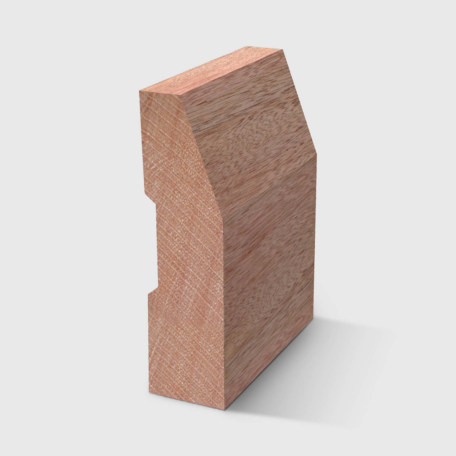 A timber skirting board with an angled top edge and a small stepped detail near the back in Meranti 66 x 18mm