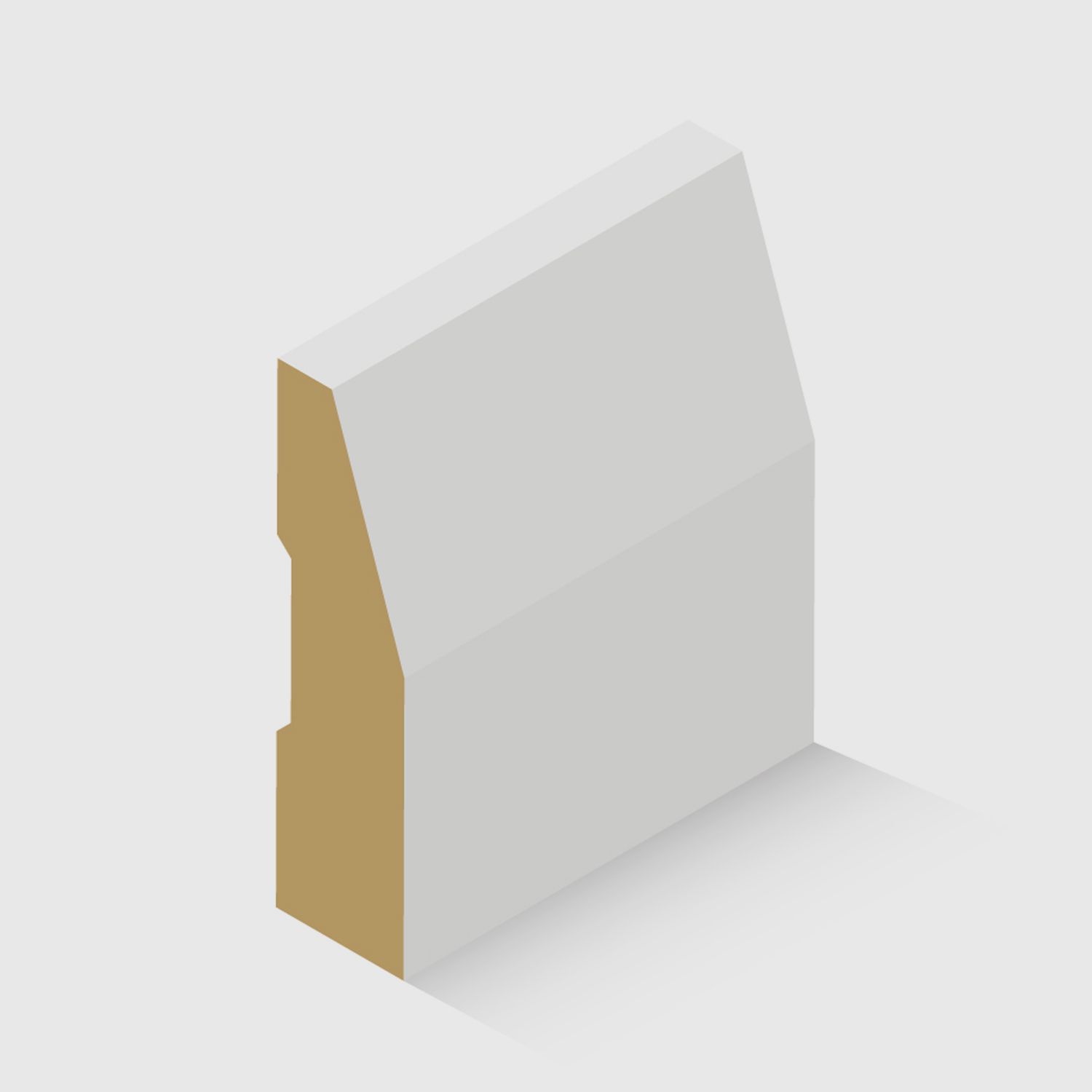 A timber skirting board with an angled top edge and a small stepped detail near the back in White Primed MDF 67 x 18mm