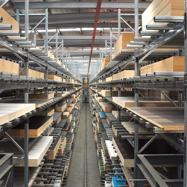Stacked MDF & Particleboard on High-bay Warehouse racks