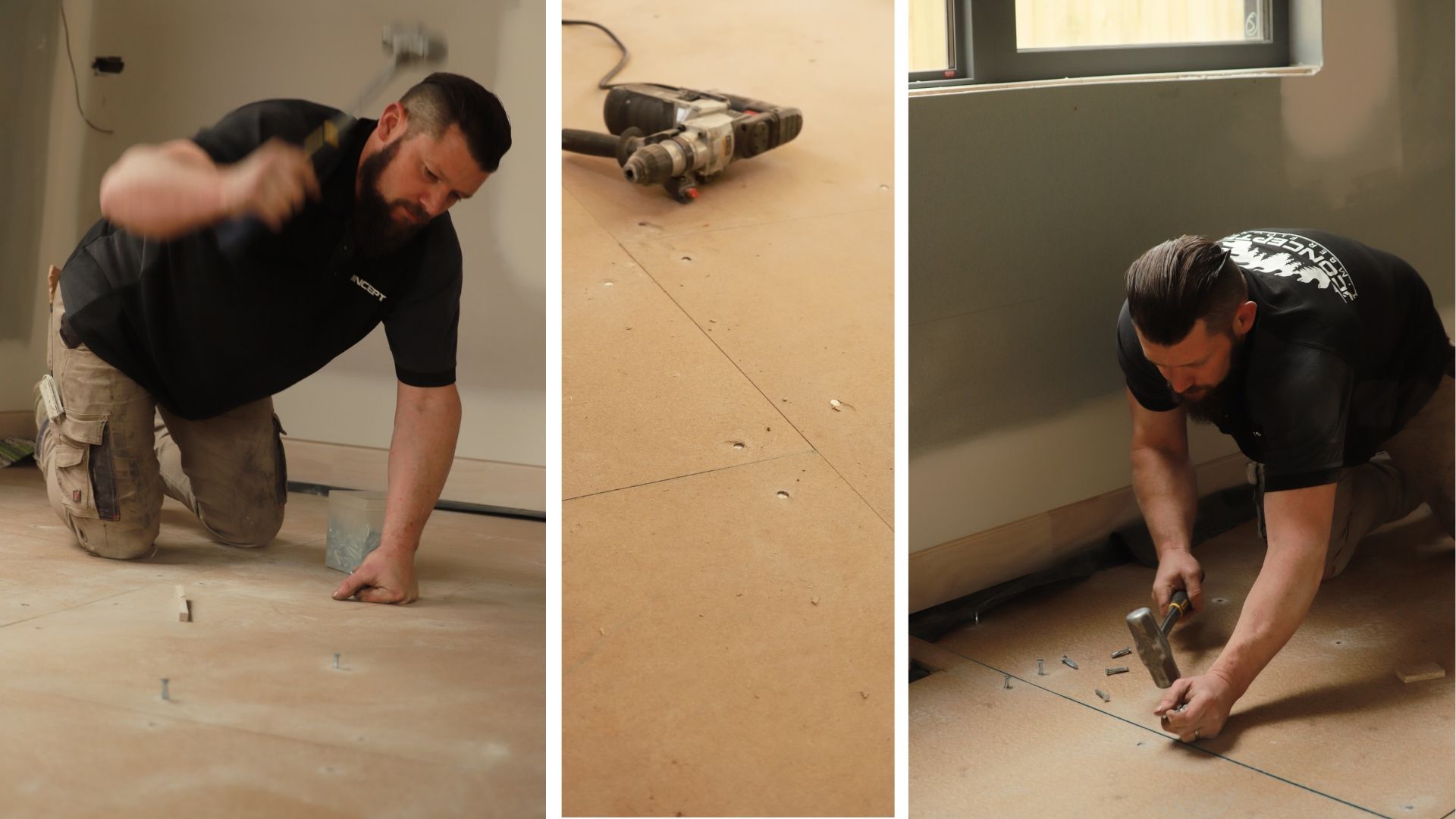 3 images showing STRUCTApanel® floor being installed in preparation for the herringbone floor