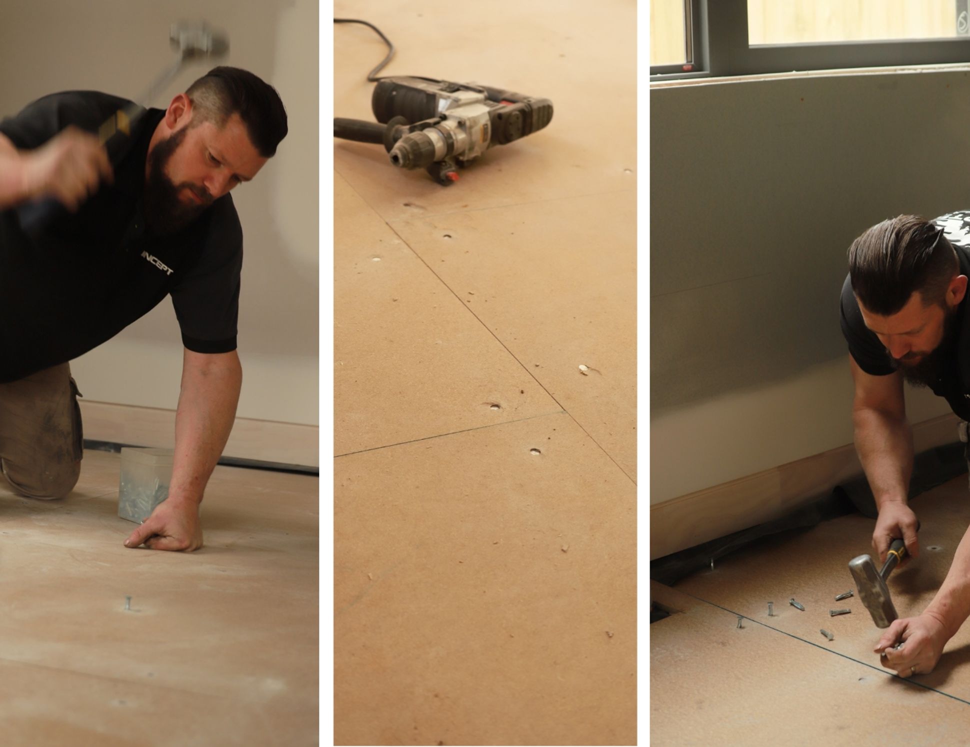 3 images showing STRUCTApanel® floor being installed in preparation for the herringbone floor