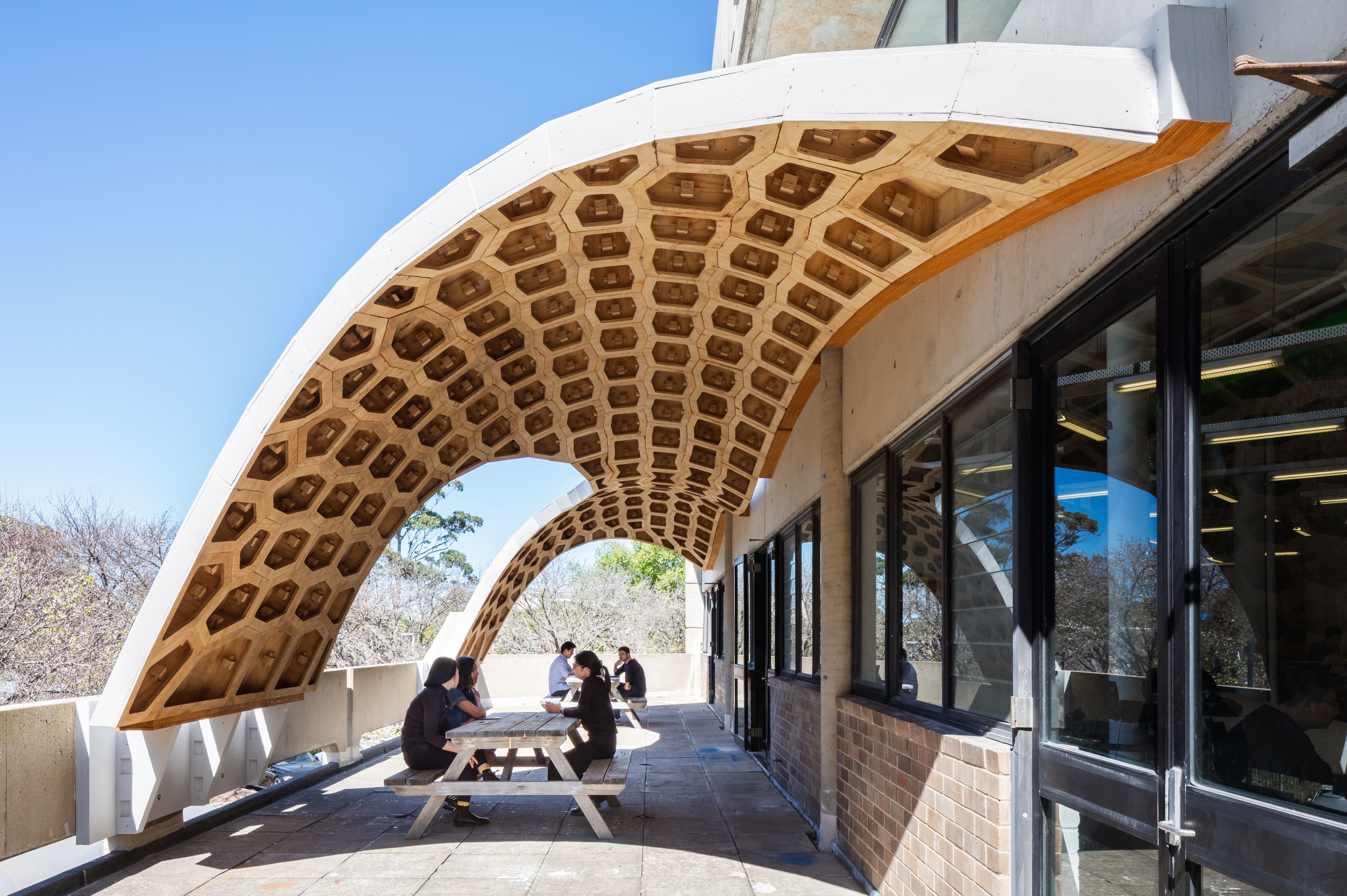 HexBox geometric timber canopy built with STRUCTAply Square Edge at the University of Sydney.