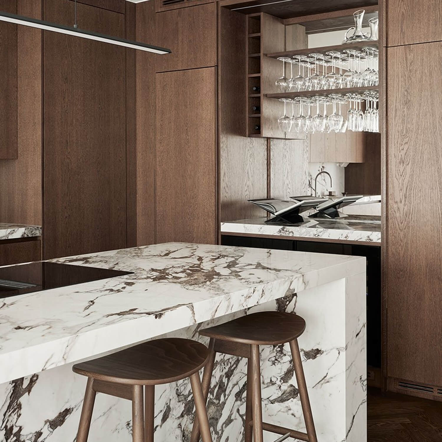 A closeup of a kitchen showing a kitchen using Colourpyne products and a marble kitchen bench.