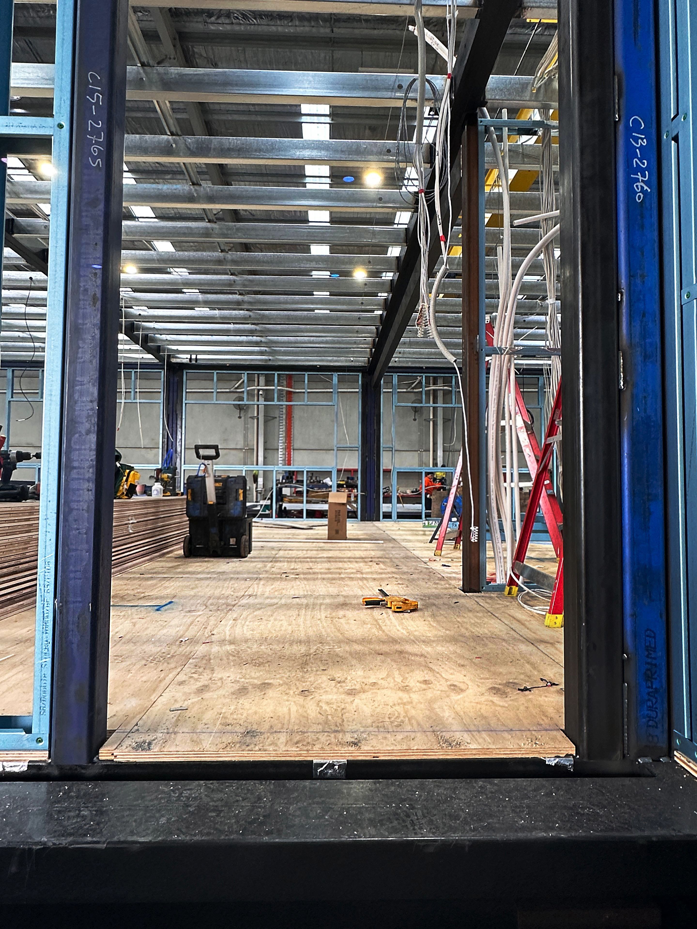 STRUCTAply Flooring tongue-and-groove plywood panels installed in modular education building.