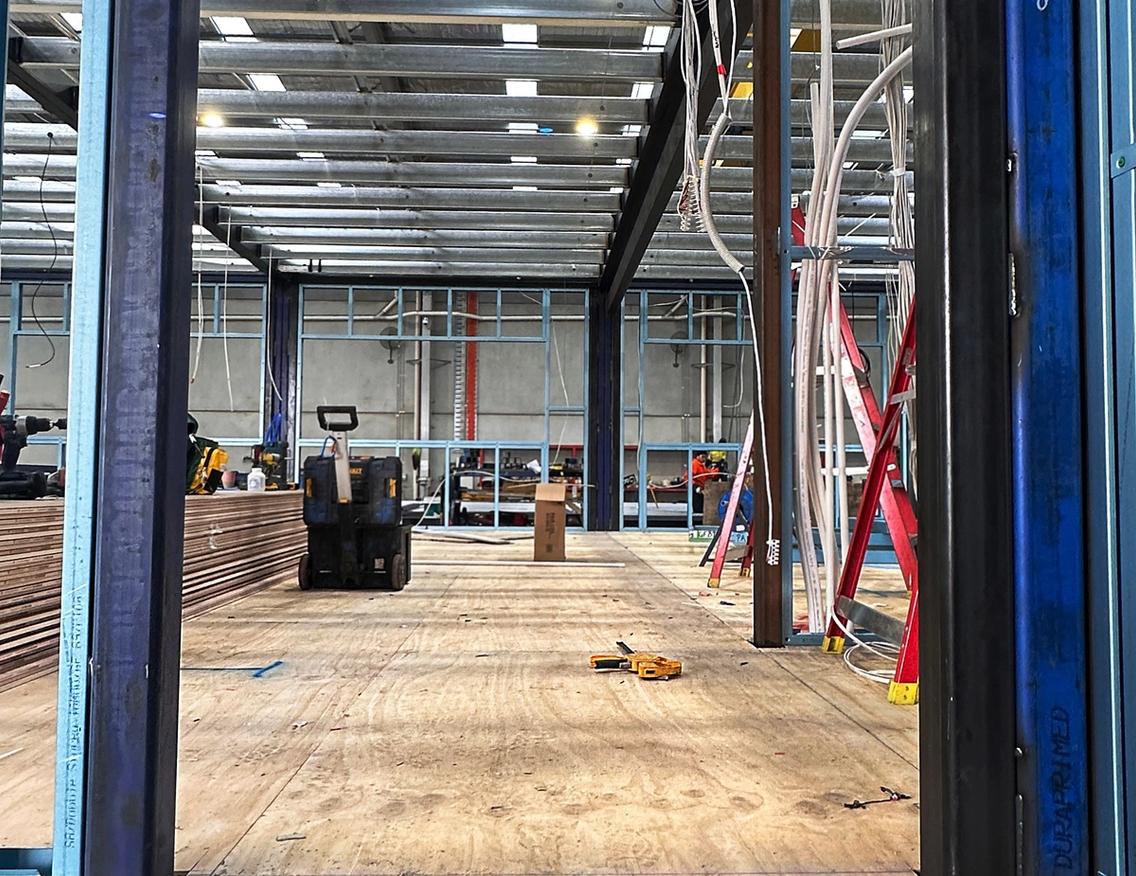 STRUCTAply Flooring tongue-and-groove plywood panels installed in modular education building.