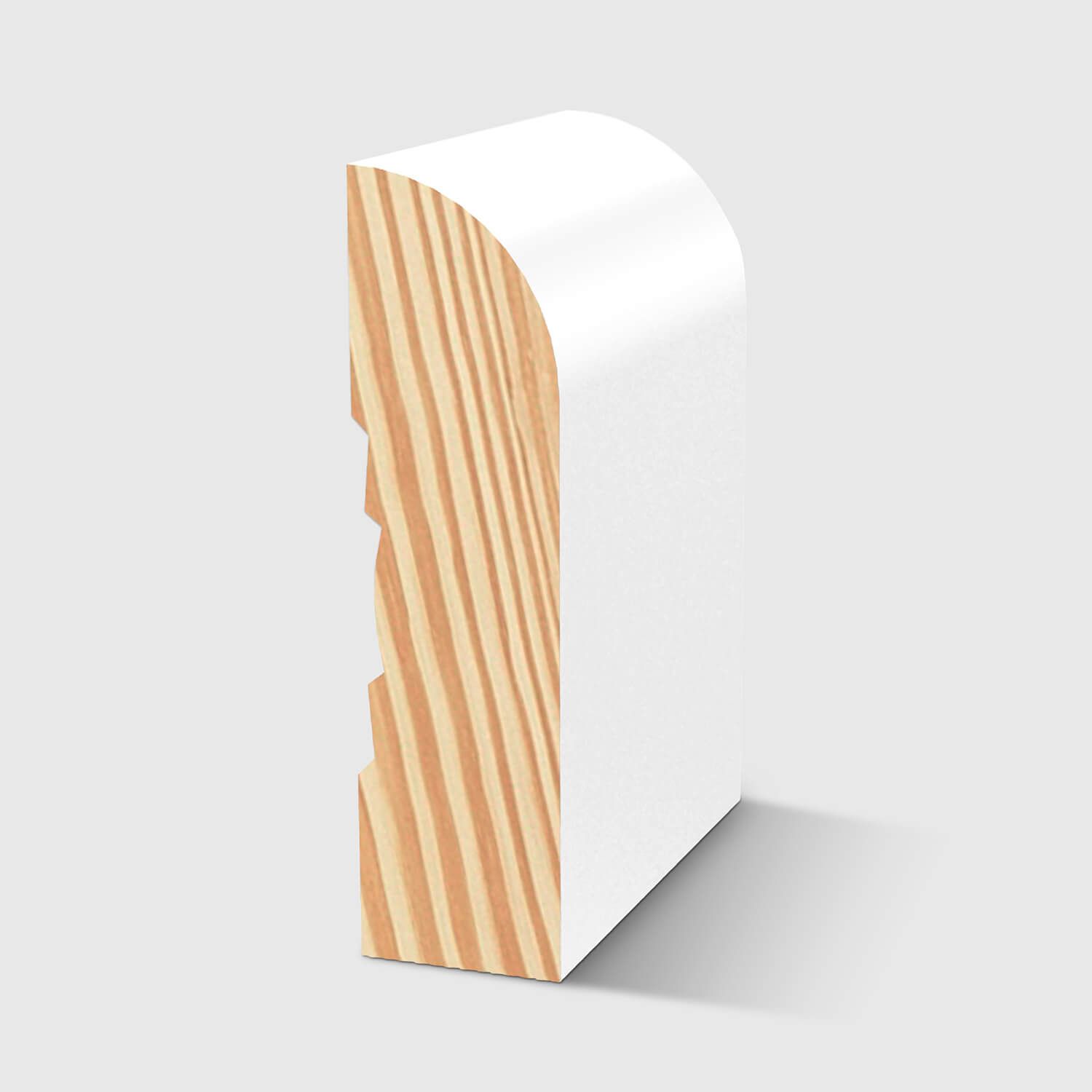 A timber moulding with a curved top and a small recessed groove on the back in Primed FJ Pine 66 x 18mm