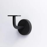 A handrail bracket with a round base plate, a curved support arm, and a flat mounting plate on top in Black 70mm 43mm