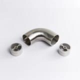 A fixed 90° Stainless Steel metal tube connector positioned between two silver circular mounting inserts 65mm x 43mm