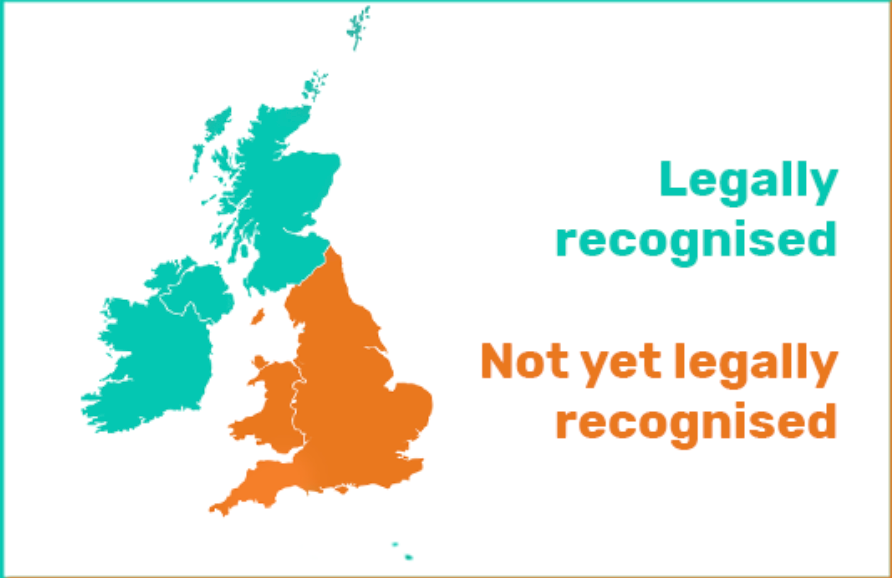 Map showing that Humanist weddings are legal everywhere in the UK and Ireland apart from England and Wales 