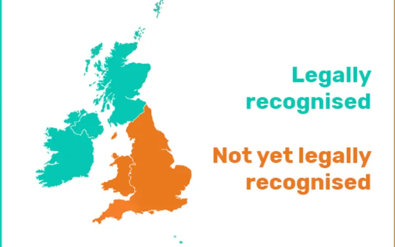 Map showing that Humanist weddings are legal everywhere in the UK and Ireland apart from England and Wales