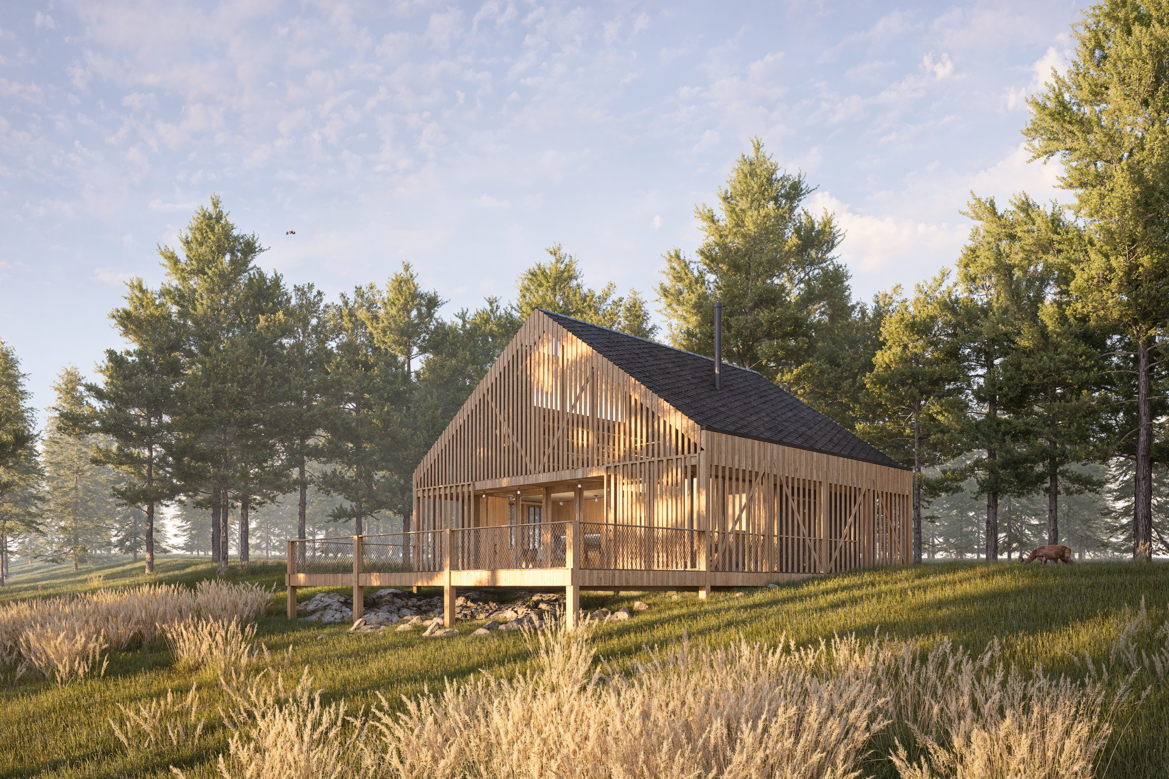 Chata v přírodě, na hranici lesa