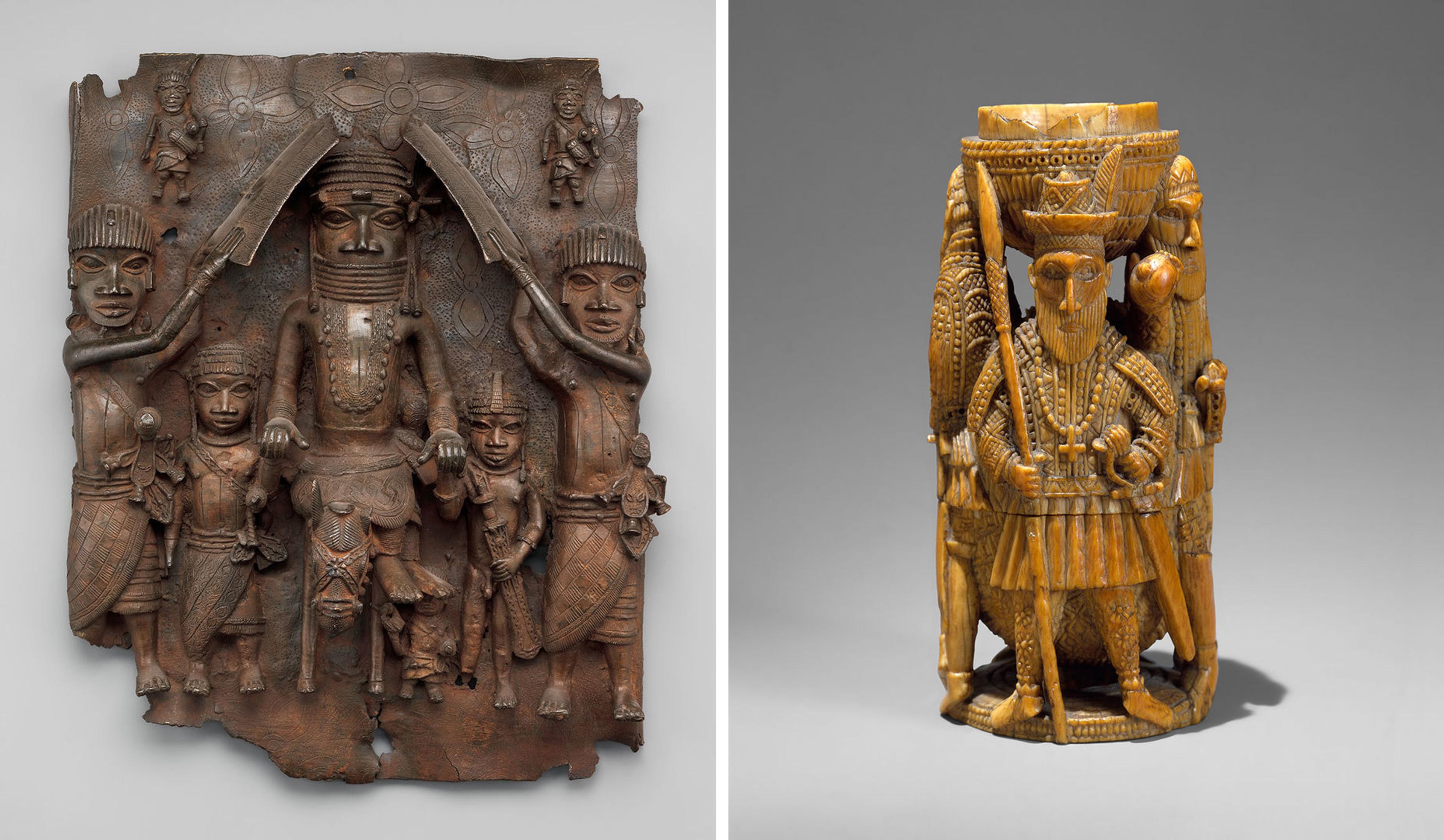 A composite image of two artworks. At left, a sculptural relief plaque made of brass depicting a central figure on horseback flanked by smaller attending figures to either side. At right, a sculptural saltcellar made of ivory composed of four male figures, two richly adorned men and their attendants, depicted around the perimeter of the receptacle.