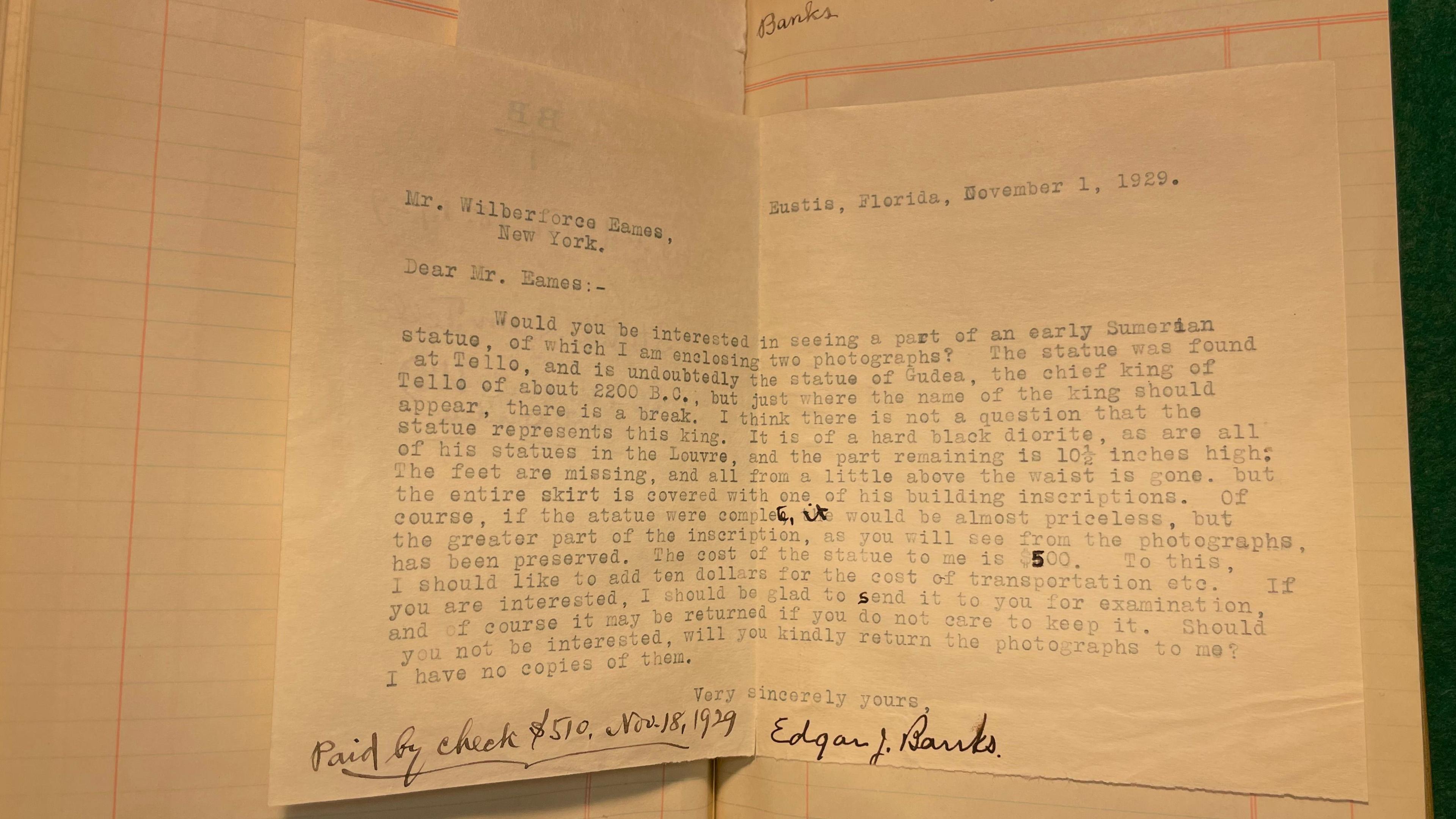 Typewritten letter on yellow paper from Banks to Eames