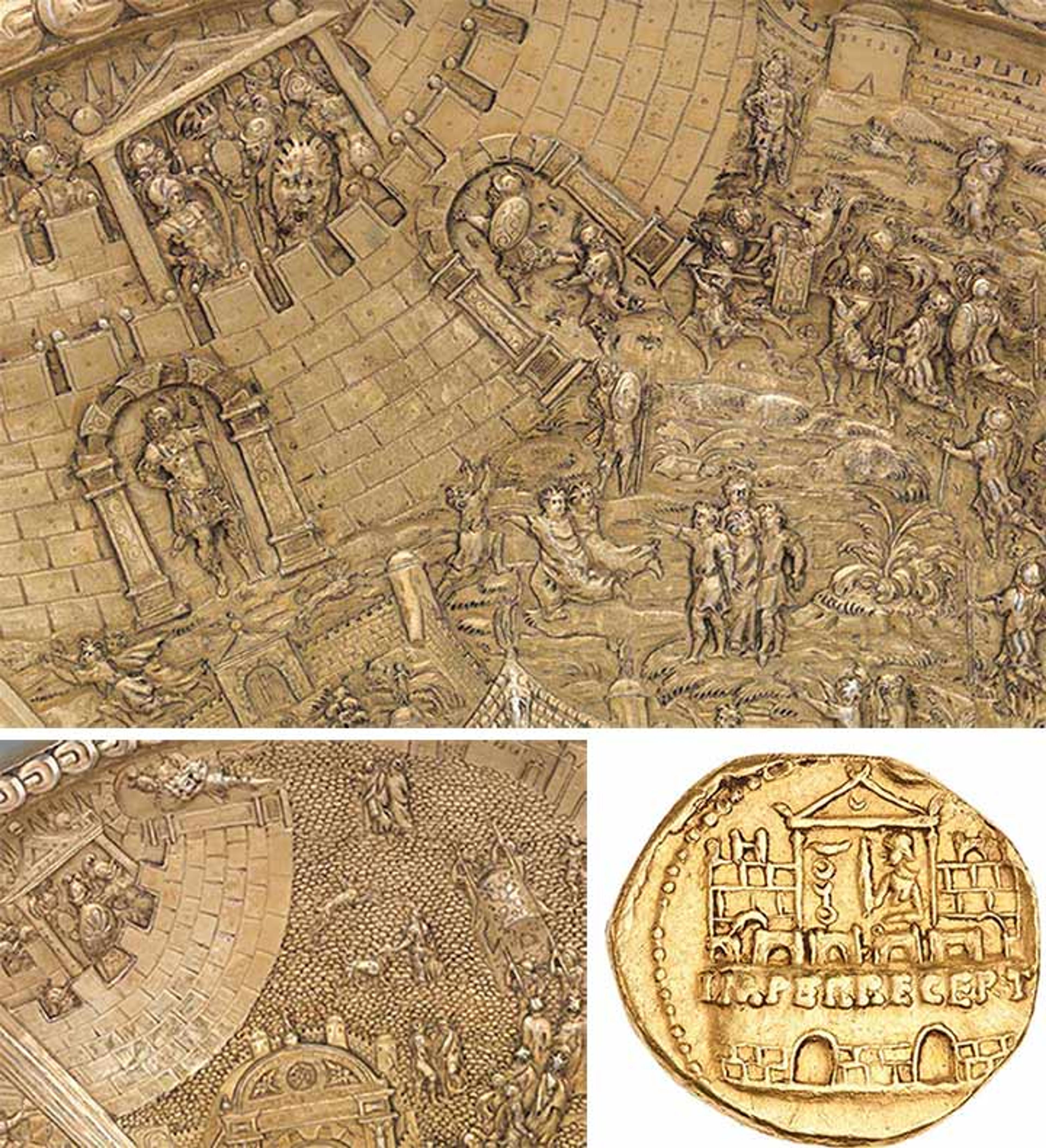 Military base shown on two dishes and a coin