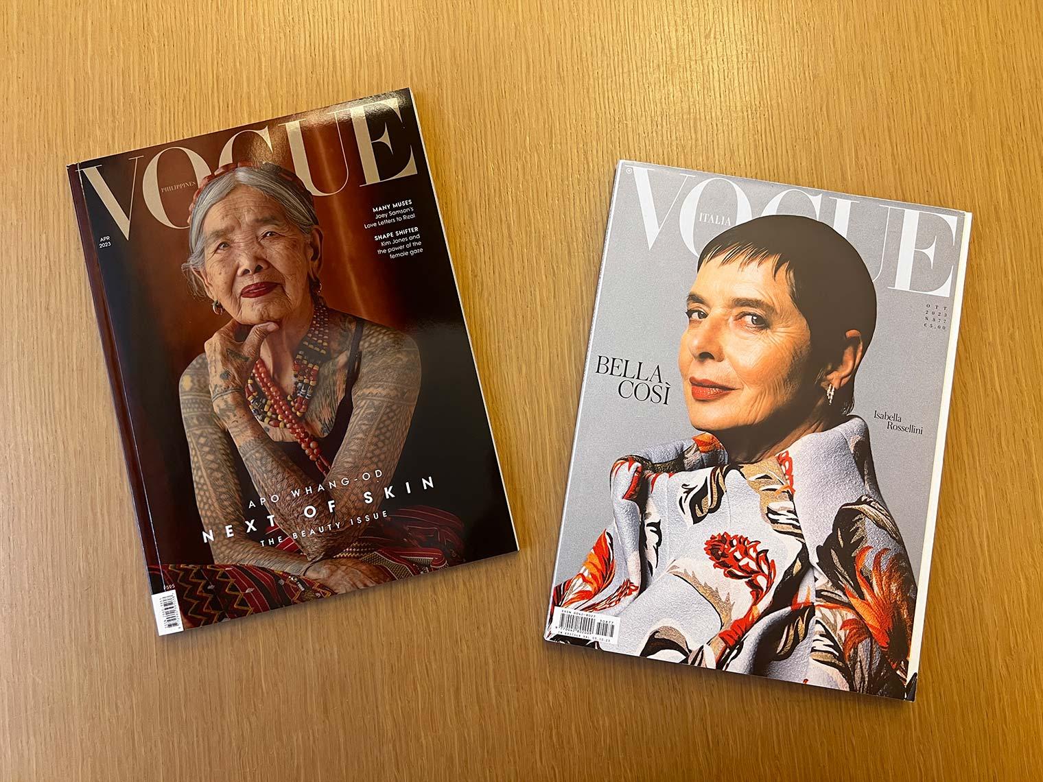 Covers of Vogue featuring Apo Whang-Od and Isabella Rossellini