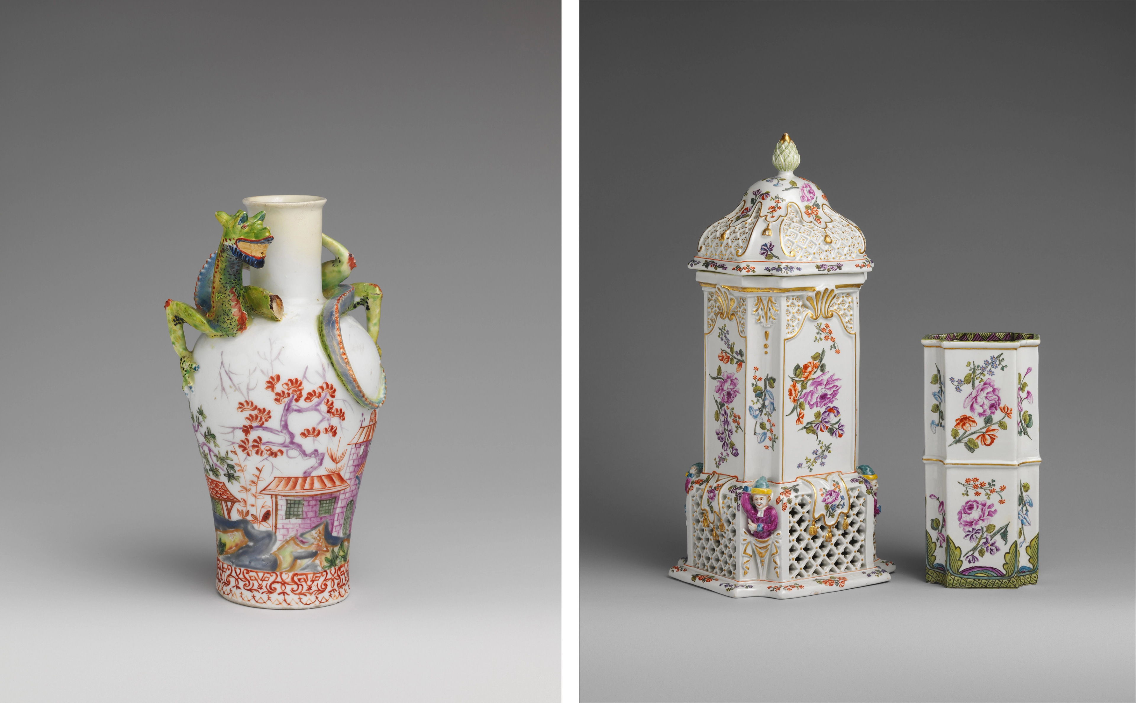 on the left a porcelain vase with decorations of a tree and house with an attached porcelain dragon around it. on the right a porcelain food warmer with decorations of flowers