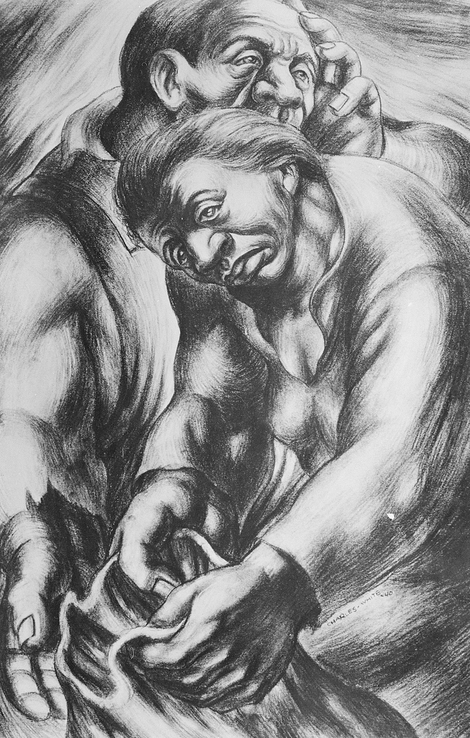 Drawing of a man and woman in an embrace. The drawing is in black and white.