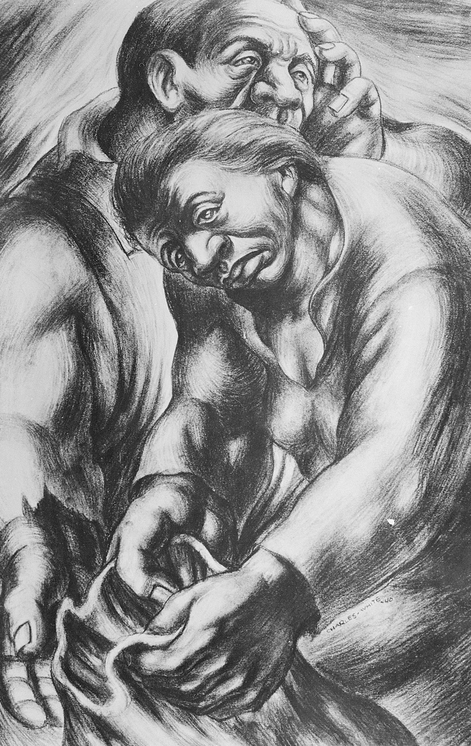 Drawing of a man and woman in an embrace. The drawing is in black and white.