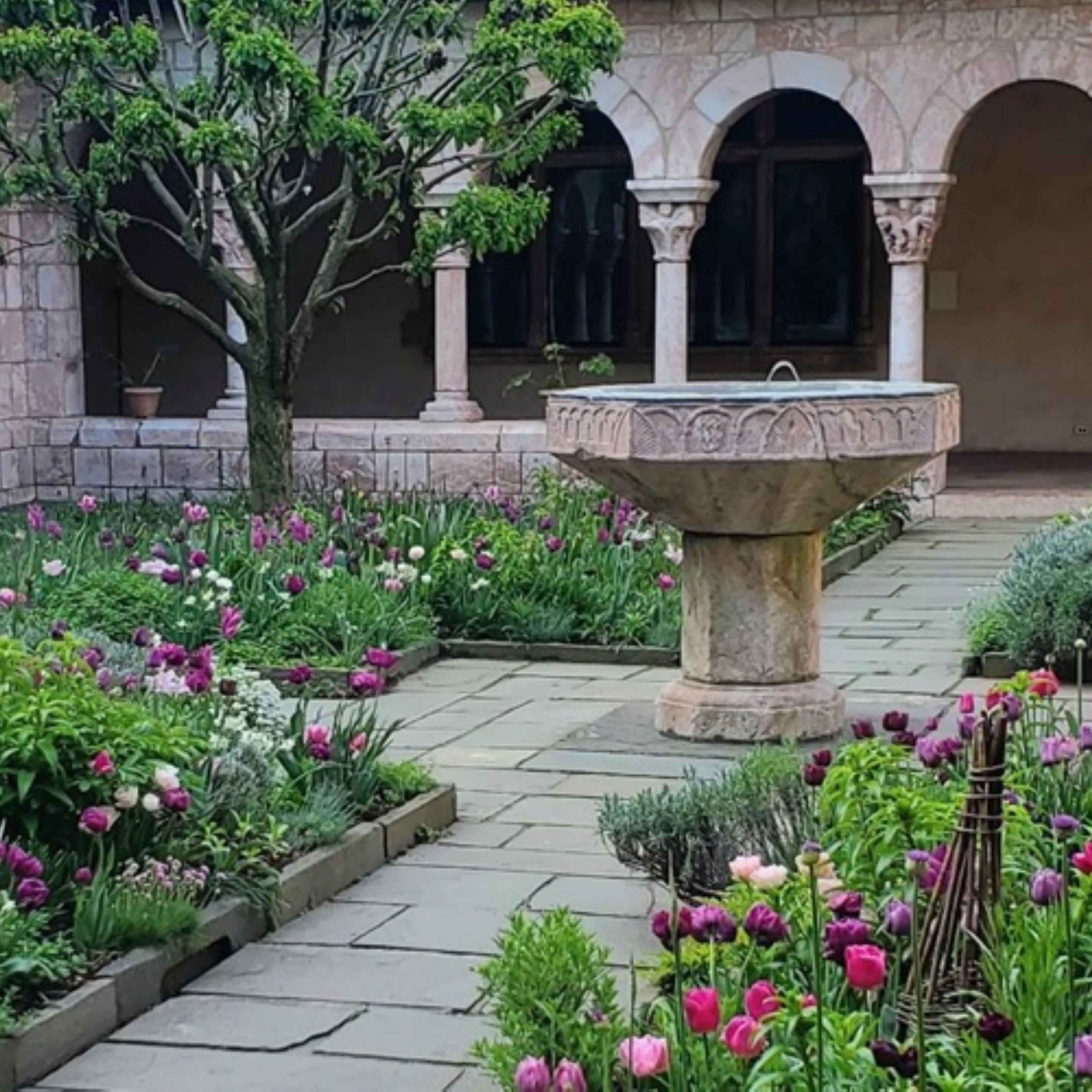 Colorful flowers among the spring greenery of the Judy Black Garden in the Cuxa Cloister at The Met Cloisters