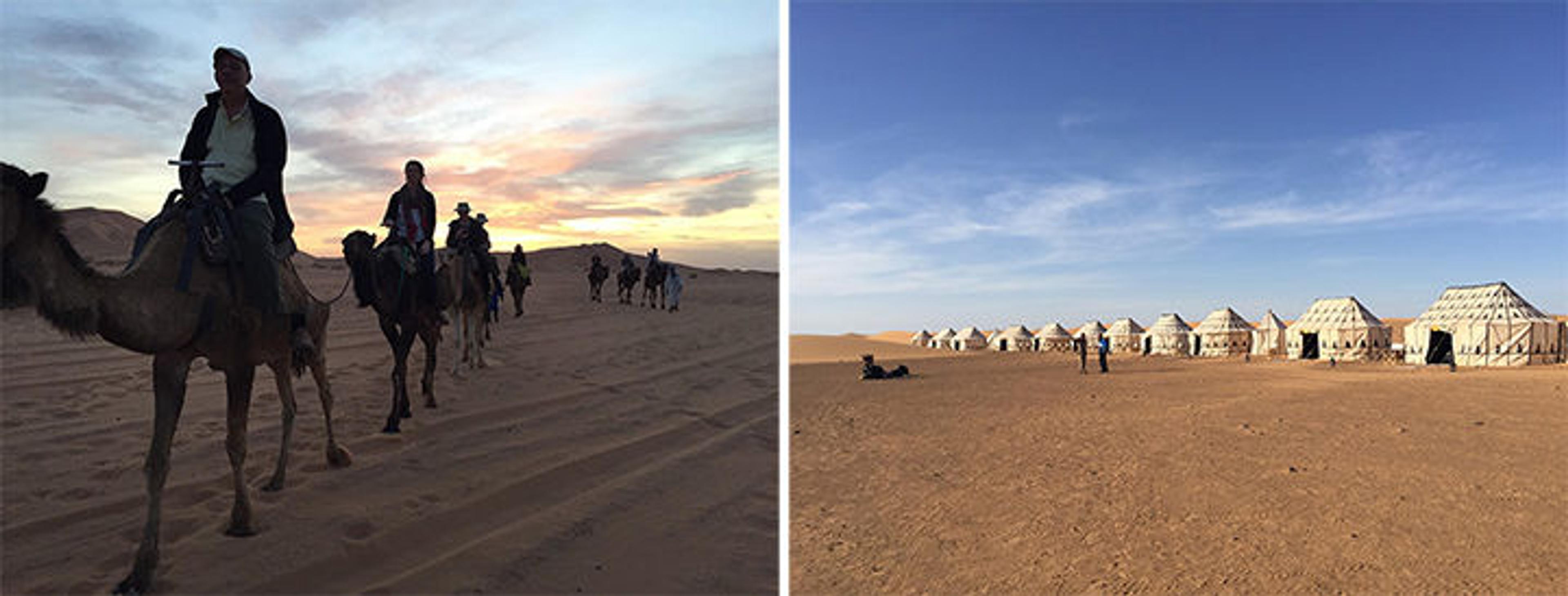Left: Riding camelback at sunset; Right: Tents in the desert
