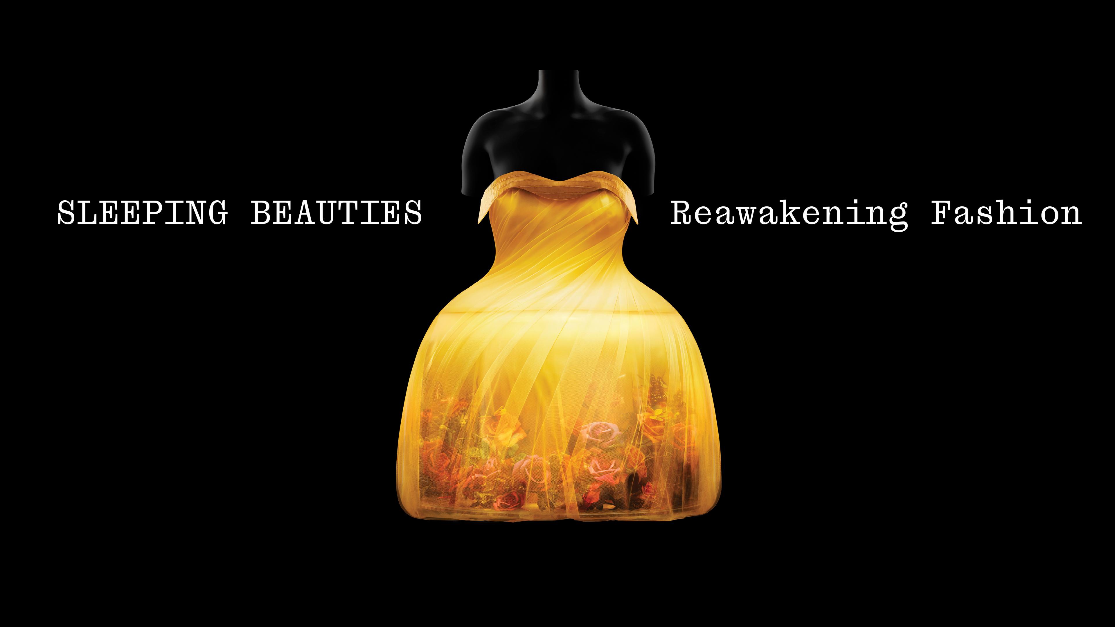 A yellow, illuminated dress on a black background. White text reads "SLEEPING BEAUTIES Reawakening Fashion" 