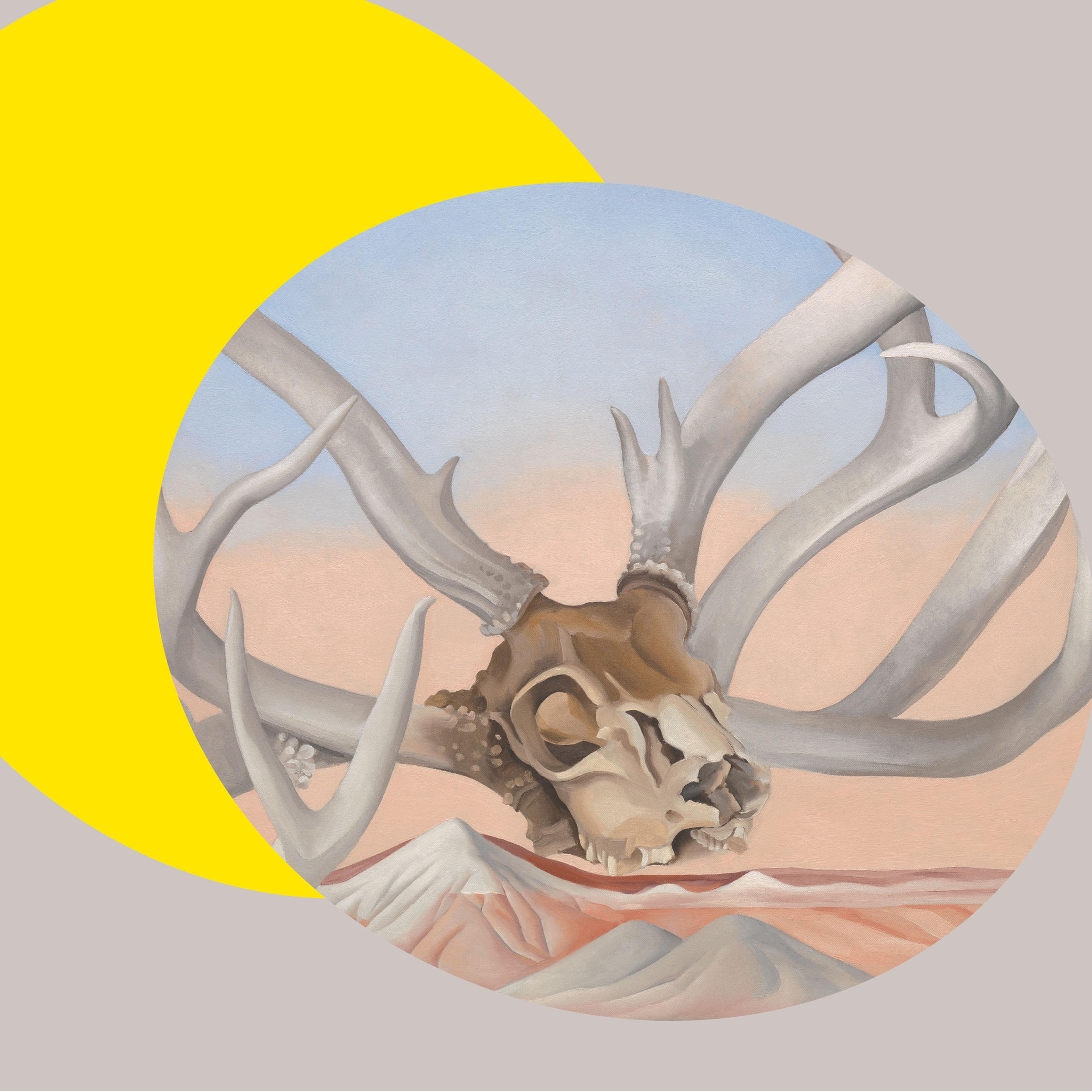 Detail of Georgia O'Keeffe's painting, "From the Faraway, Nearby" with an imaginary mule deer skull and antlers levitating over a generalized desert landscape. A bright yellow ovular shape spotlights the painting detail from the background.