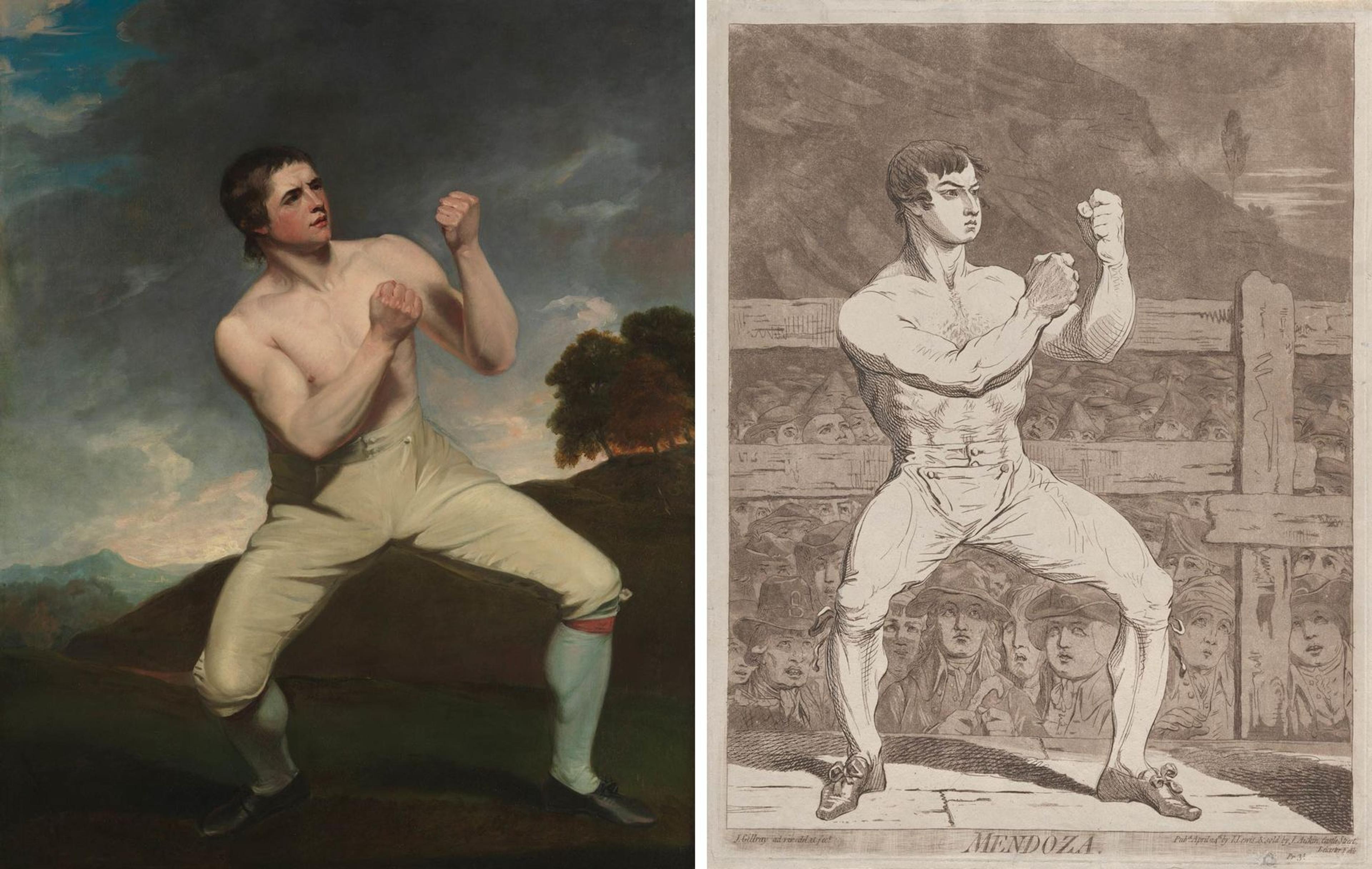 At left an undated painting by John Hoppner depicting a boxer in sparring position; at right, a 1788 etching/aquatint by James Gillray depicting a boxer in the same position