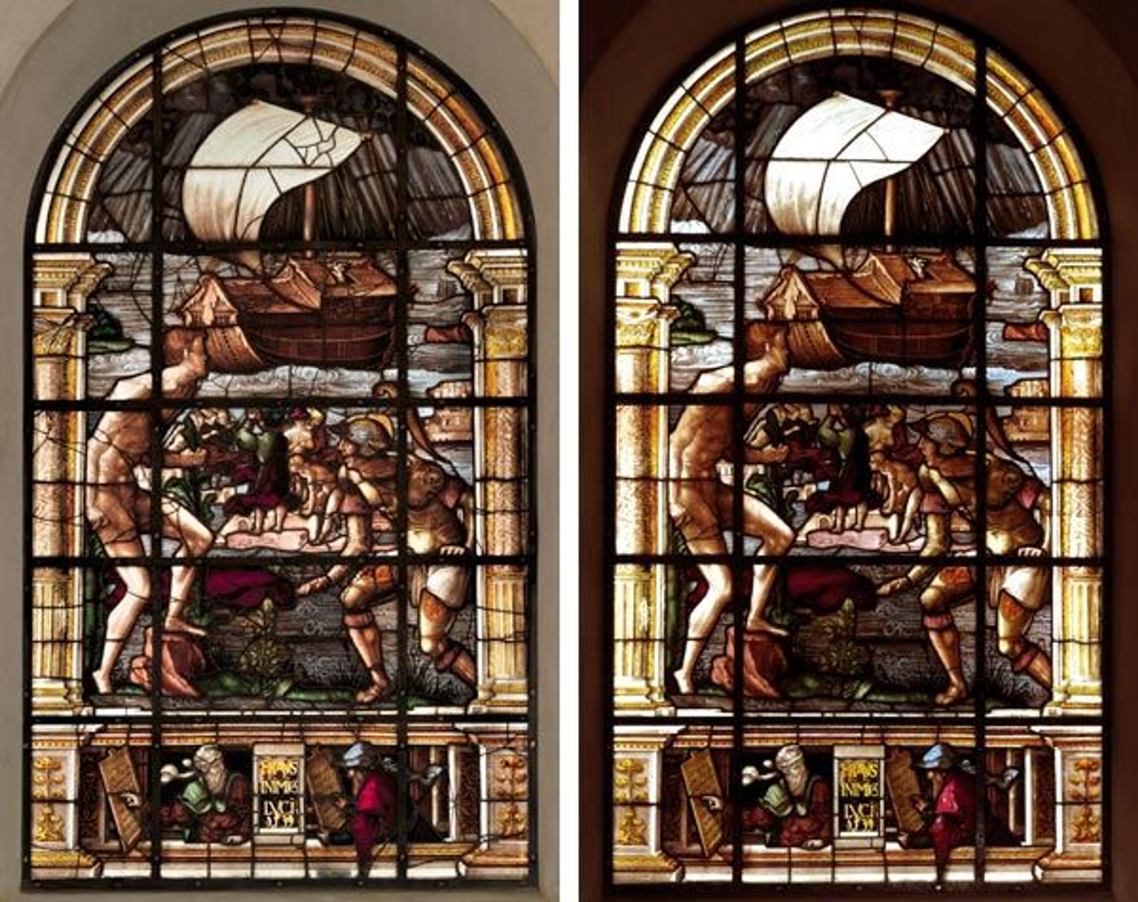 Left: Valentin Bousch (French, active 1514–41, died 1541). The Deluge (before treatment), 1531. Glass, painted and stained; Overall: H. 142 1/4 x W. 67 in. (361.3 x 170.2 cm). The Metropolitan Museum of Art, New York, Purchase, Joseph Pulitzer Bequest, 1917 (17.40.2a–r). Right: The Deluge, after treatment. Image courtesy of the authors