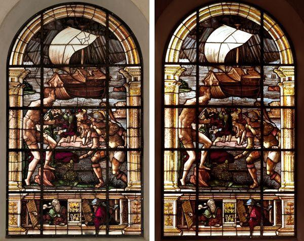 Left: Valentin Bousch (French, active 1514–41, died 1541). The Deluge (before treatment), 1531. Glass, painted and stained; Overall: H. 142 1/4 x W. 67 in. (361.3 x 170.2 cm). The Metropolitan Museum of Art, New York, Purchase, Joseph Pulitzer Bequest, 1917 (17.40.2a–r). Right: The Deluge, after treatment. Image courtesy of the authors