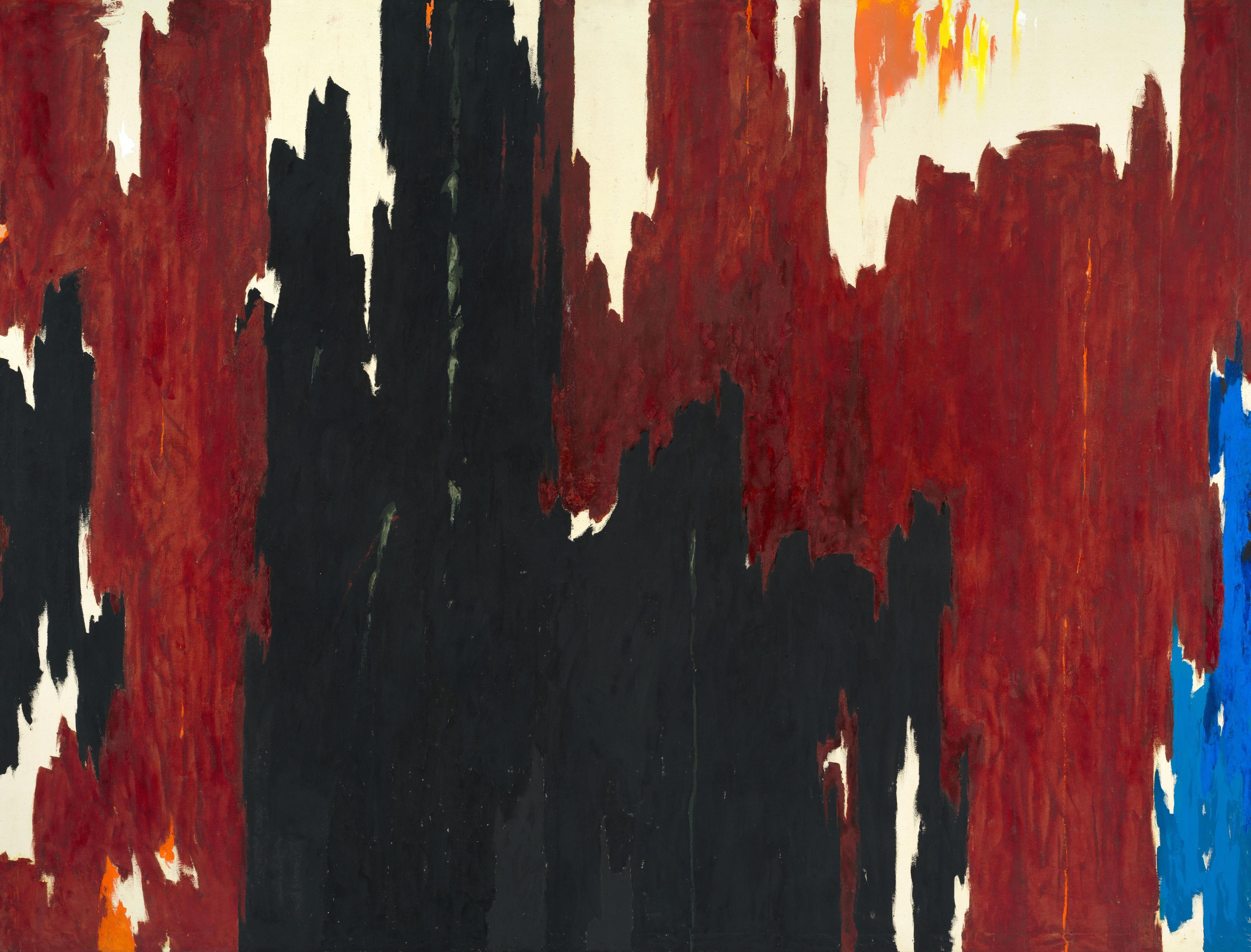 Abstract painting in blacks, reds, and blues by Clyfford Still.