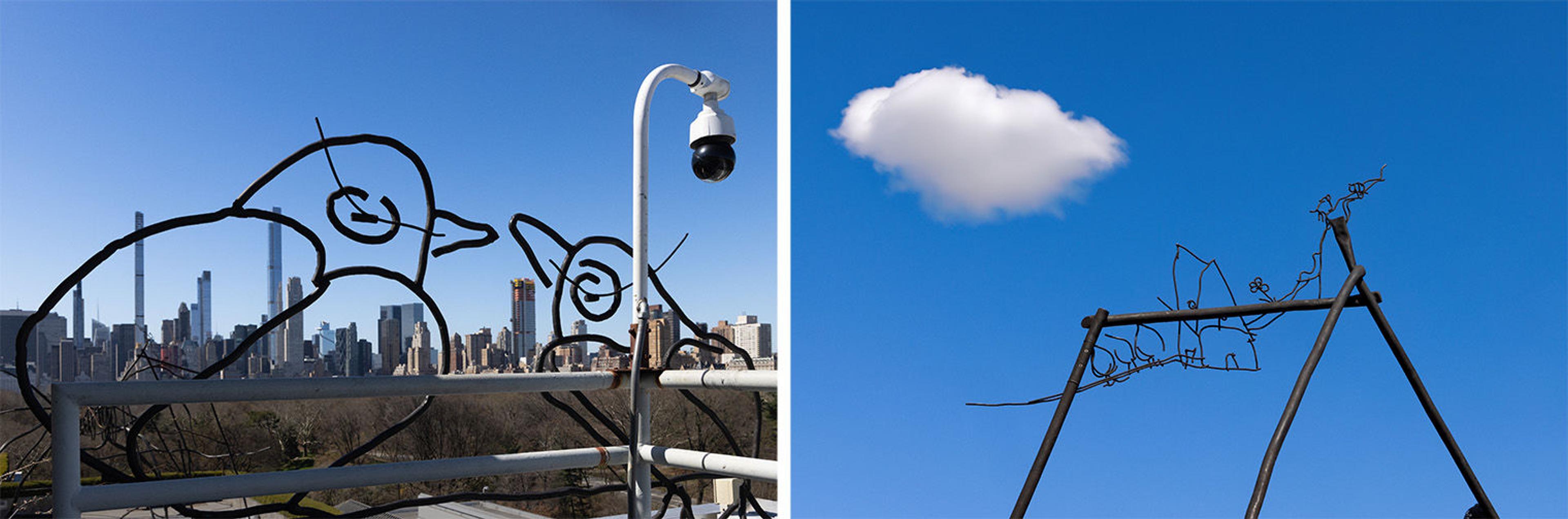 A composite image of two metal sculptures on the roof.