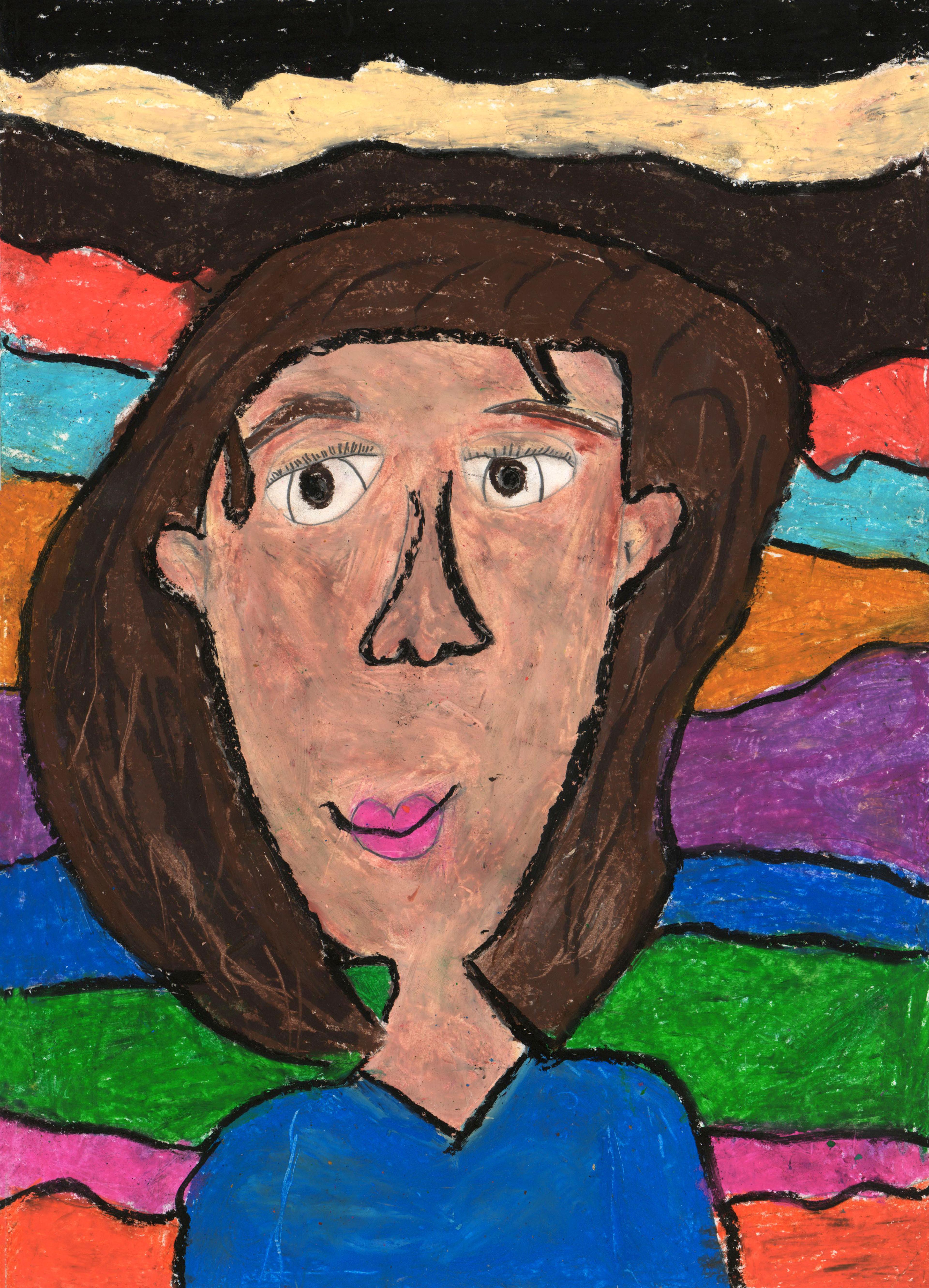 Oil pastel self-portrait of a young, light-skinned girl with shoulder length brown hair. The girl faces the viewer. She has large brown eyes and pink lips curved in a slight smile. She wears a blue V-necked shirt and stands in front of ascending horizontal bars, changing colors from orange to pink, green, blue, purple, orange, teal, red, dark brown, light brown, and then finally to black. The elements in the drawing are outlined in thick black strokes.