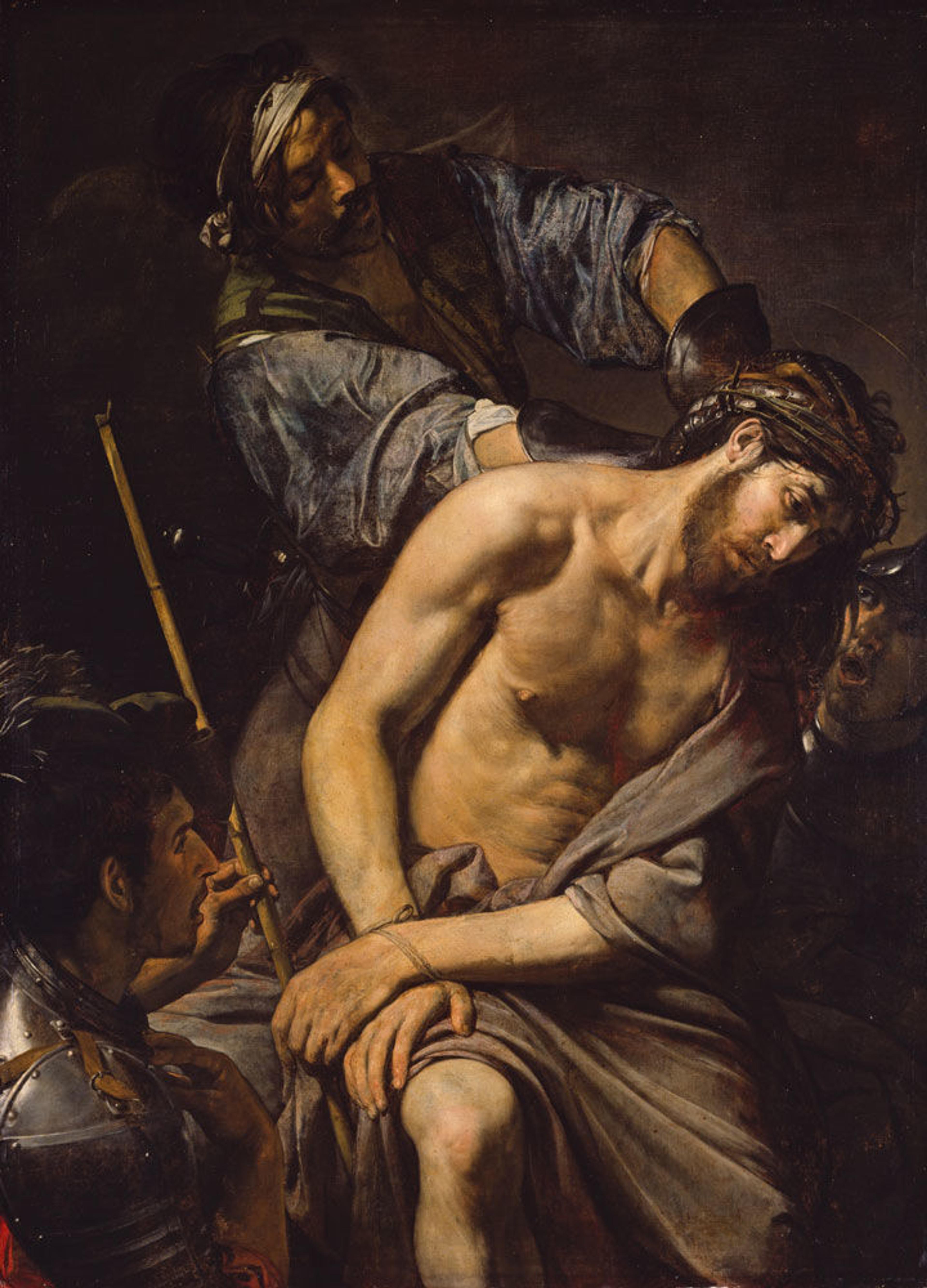 A Baroque painting depicting a soldier applying a crown of thorns to Jesus Christ