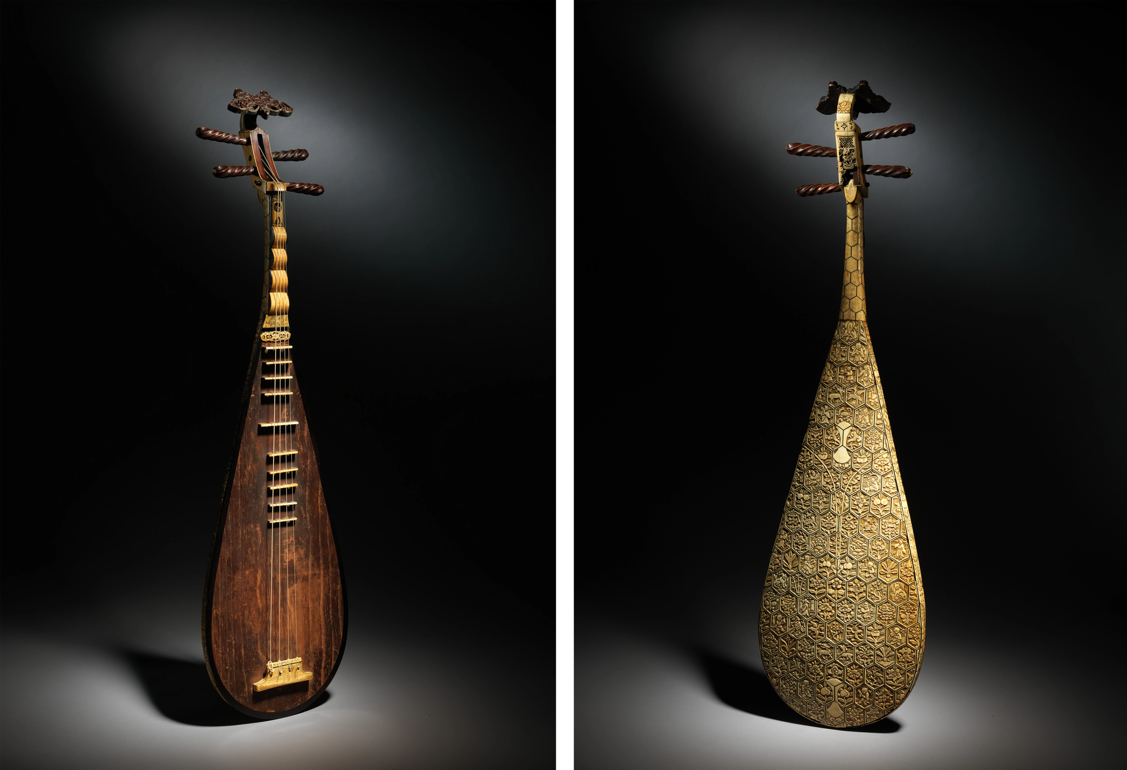 Front and back of a Chinese pipa. The front is smooth, shiny wood with ivory accents, and the back is intricately carved with small ivory plaques/