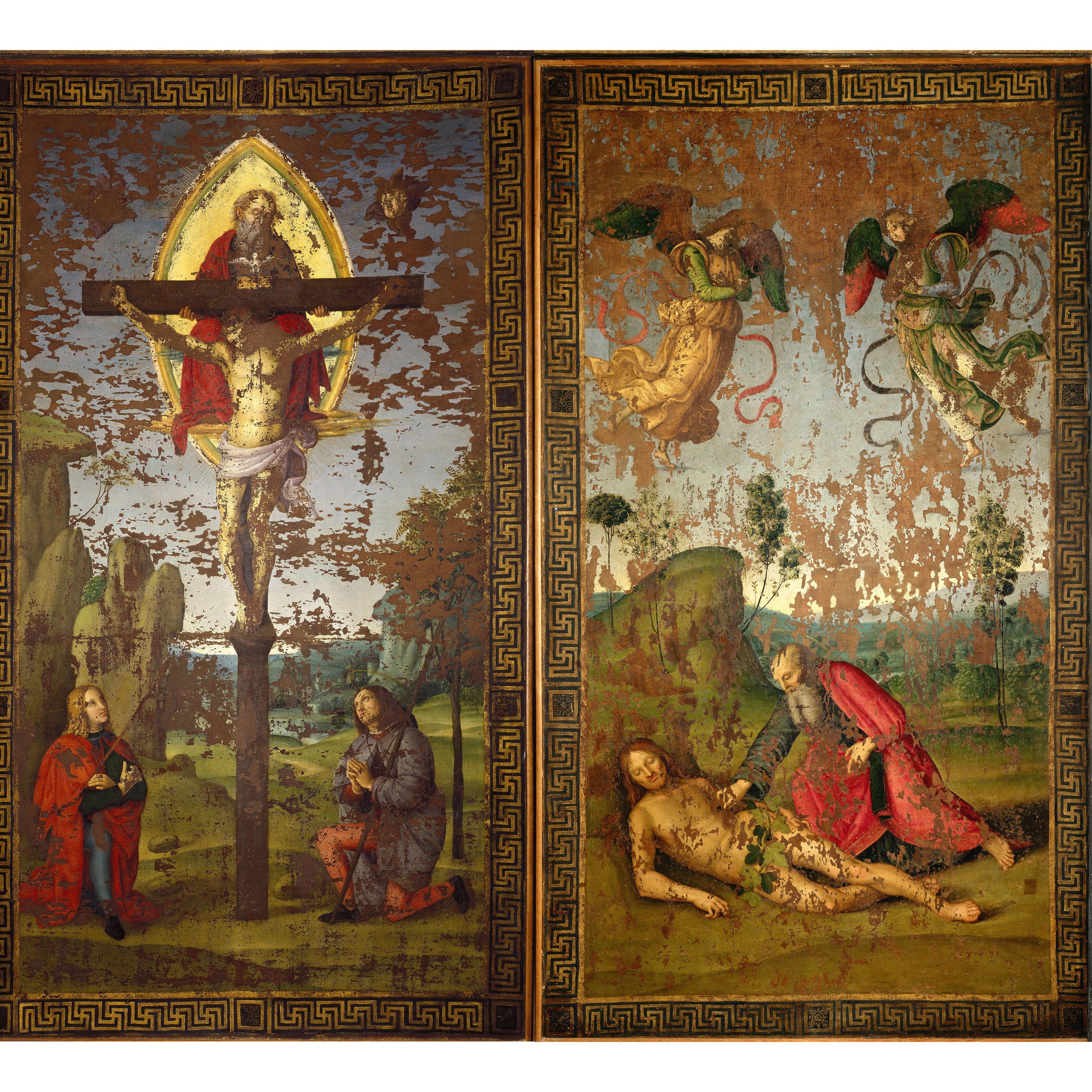 Two large religious fresco paintings framed side by side.