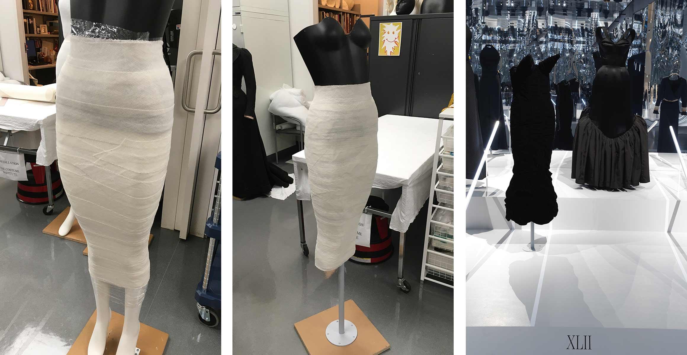 On left: white linen buckram wrapped around the torso and legs of a mannequin. At center: the same buckram transferred onto a mannequin torso without legs. On right: the mannequin mount on display in <em>About Time: Fashion and Duration</em> with a black dress over the buckram