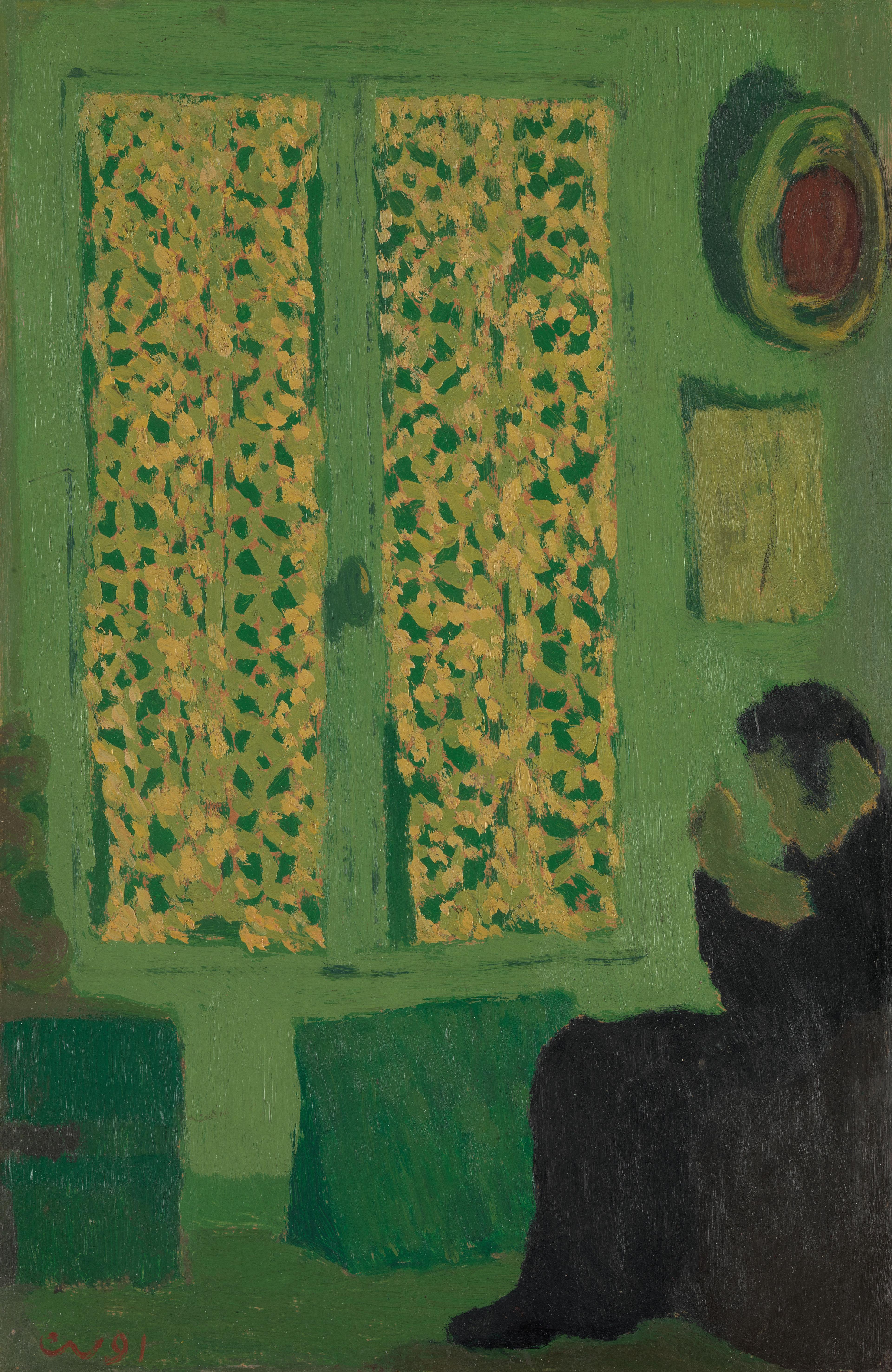 A painting of a figure dressed in black seated in a green room with patterned yellow curtains.