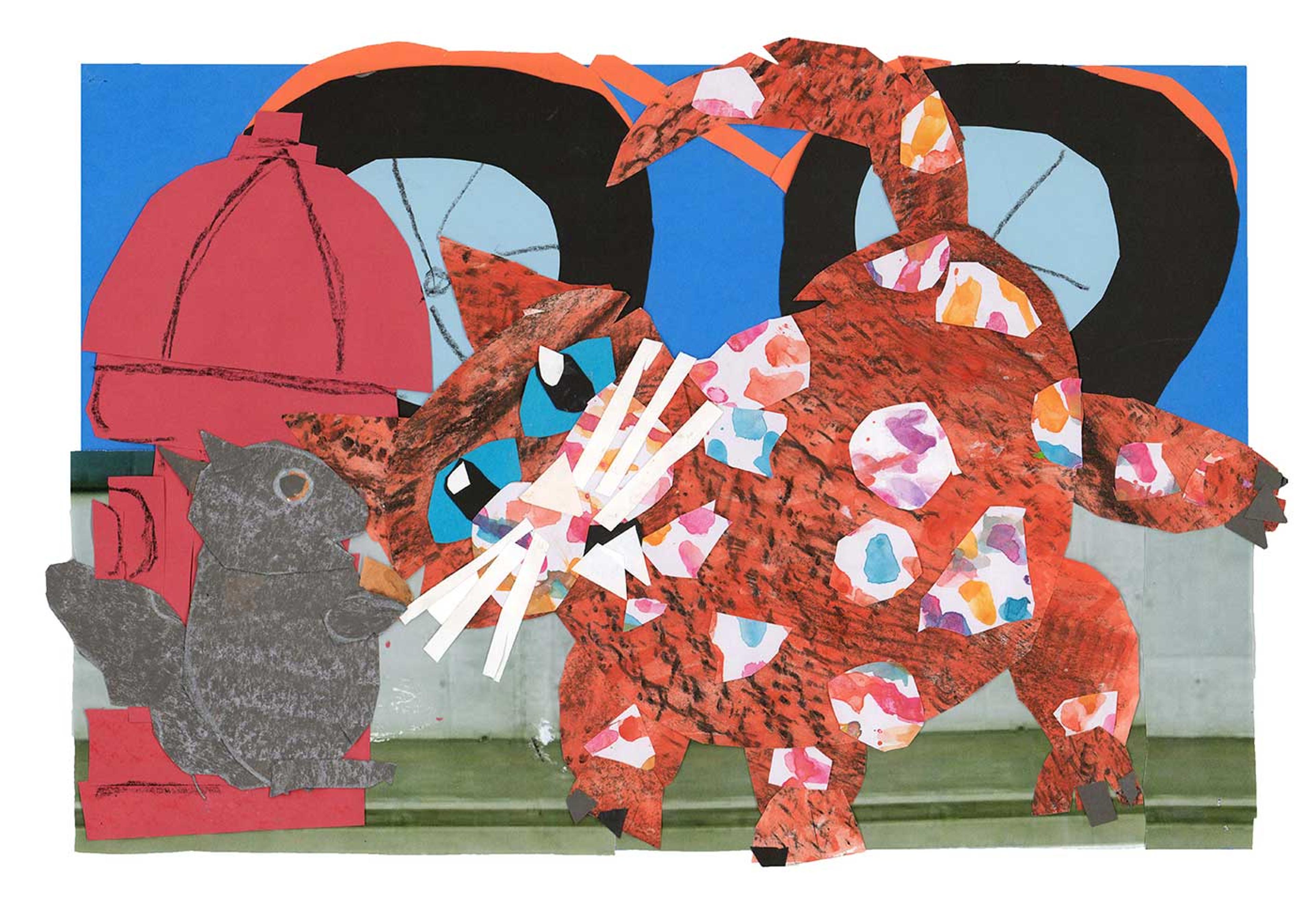 Collage of an orange cat and gray squirrel next to a red fire hydrant.