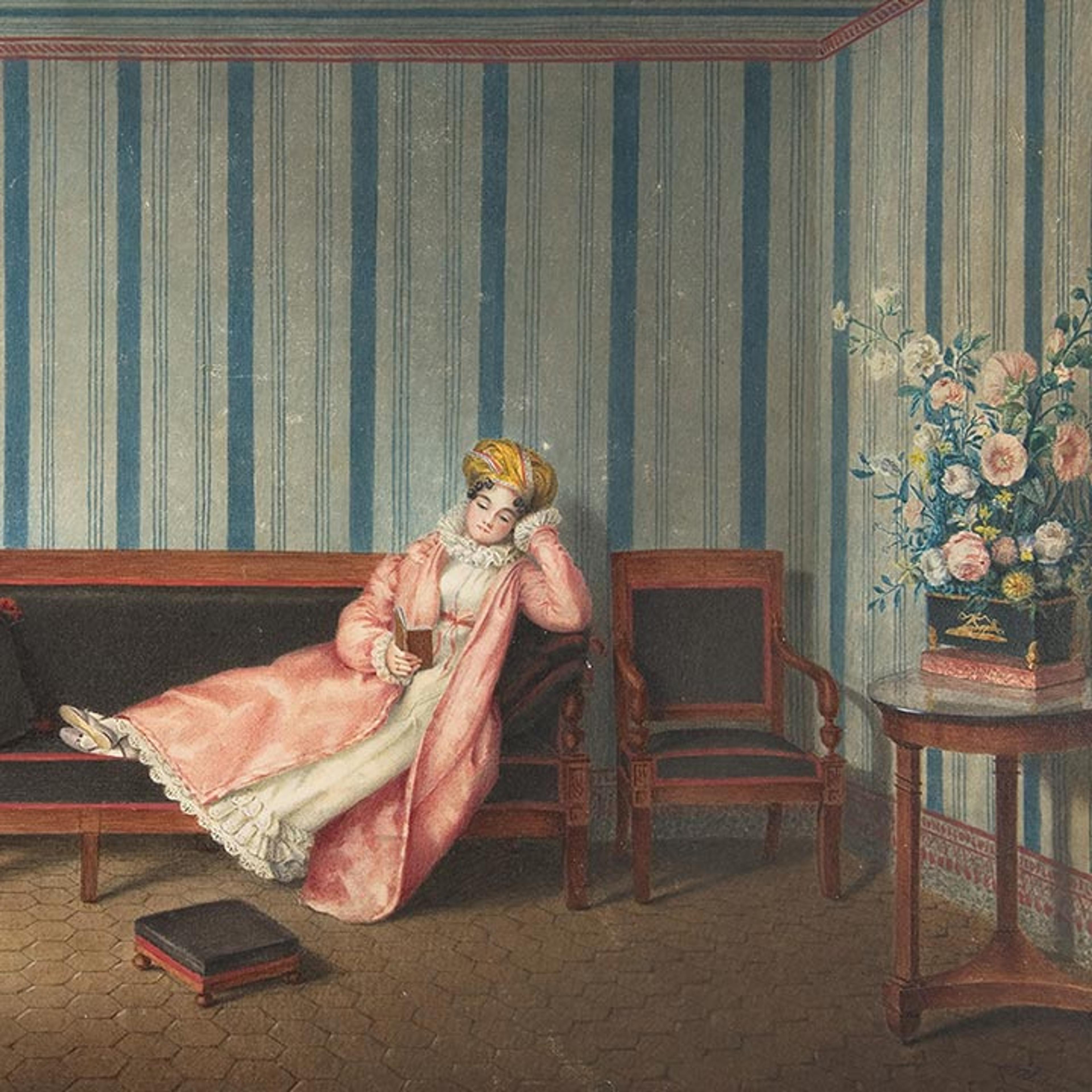 A painting of a woman wearing a robe, lying on a chaise lounge in an elegant room