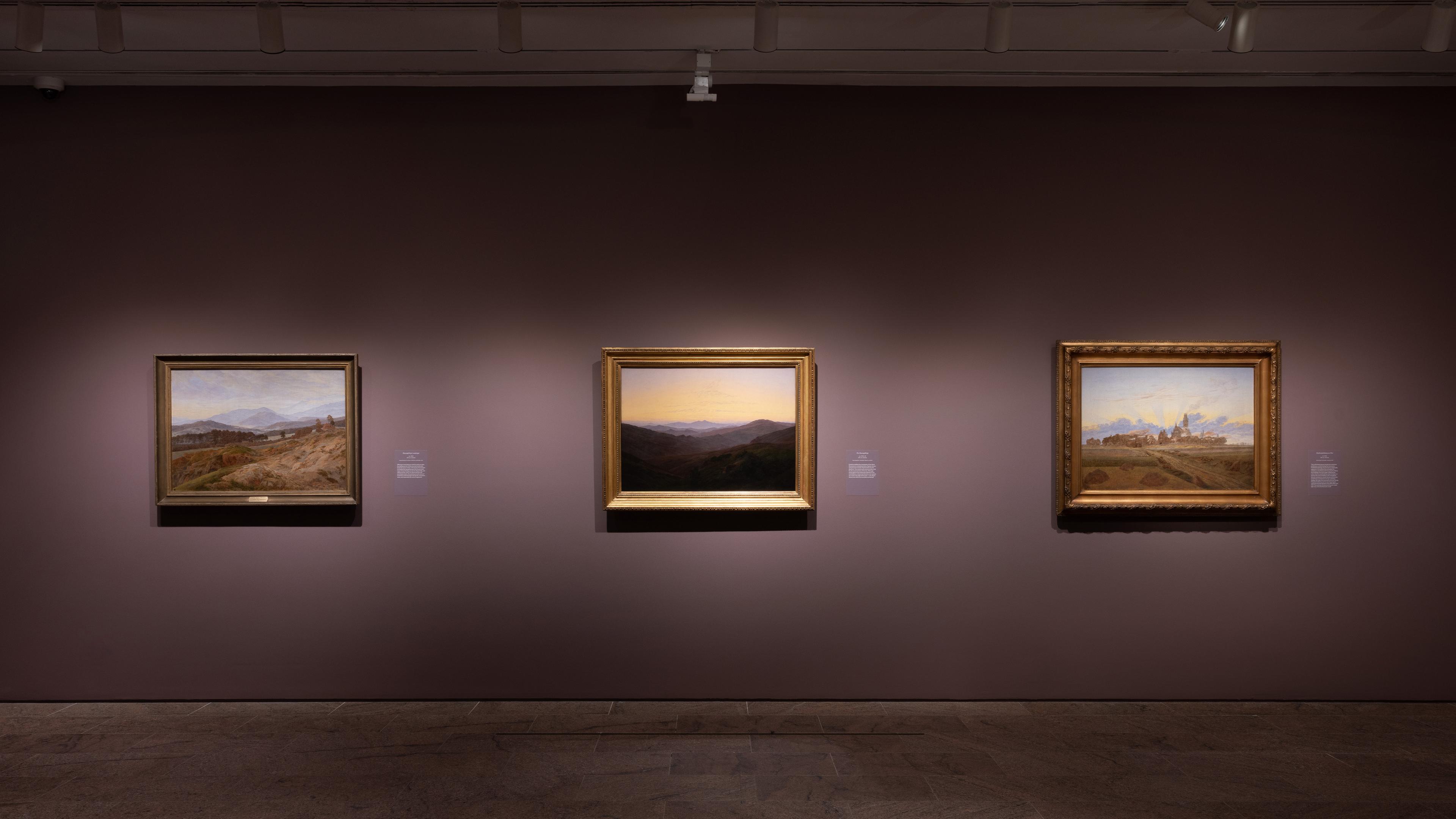 Wall gallery view with paintings hanging on the walls.