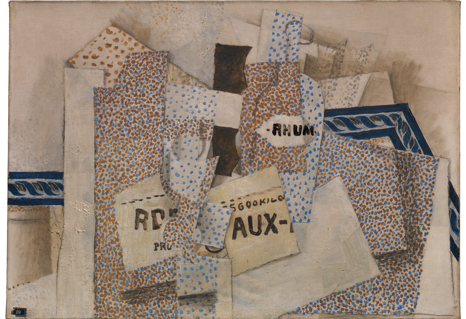 Oil painting which imitates layered paper and rum labels with red and blue dots throughout