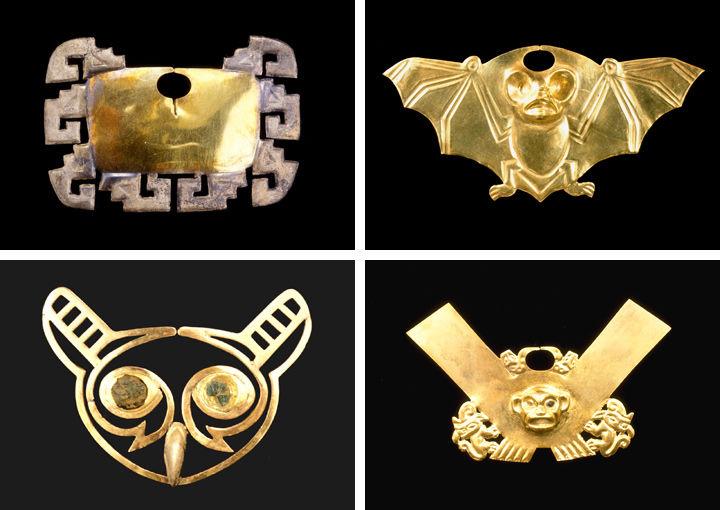 An assortment of four nose ornaments made of gold by Moche peoples ca. A.D. 550