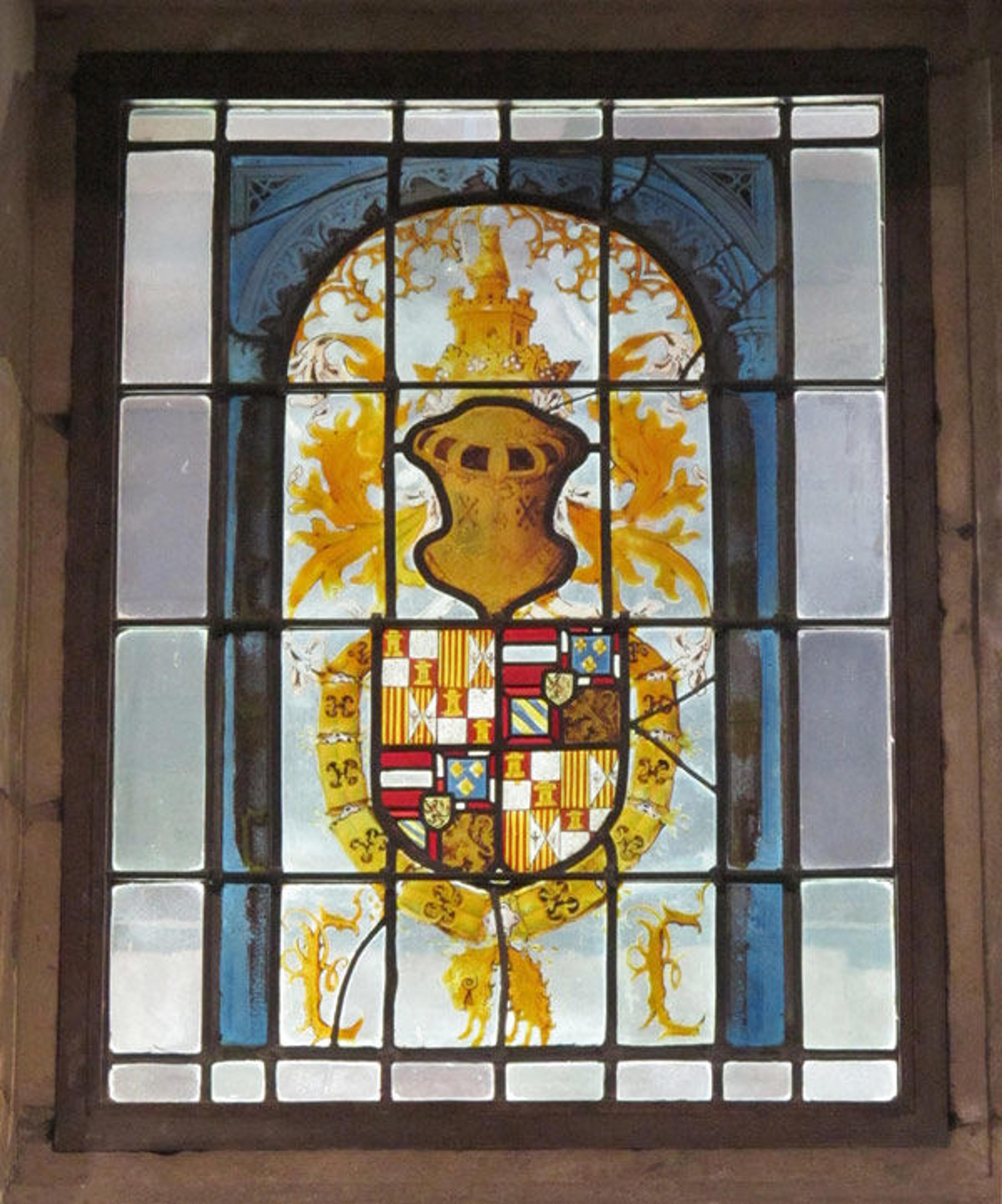Heraldic Panel with Arms of the House of Hapsburg. The sinister chief (upper left corner) contains a quartering for Spain that depicts the castle of Castille and the lion of Léon