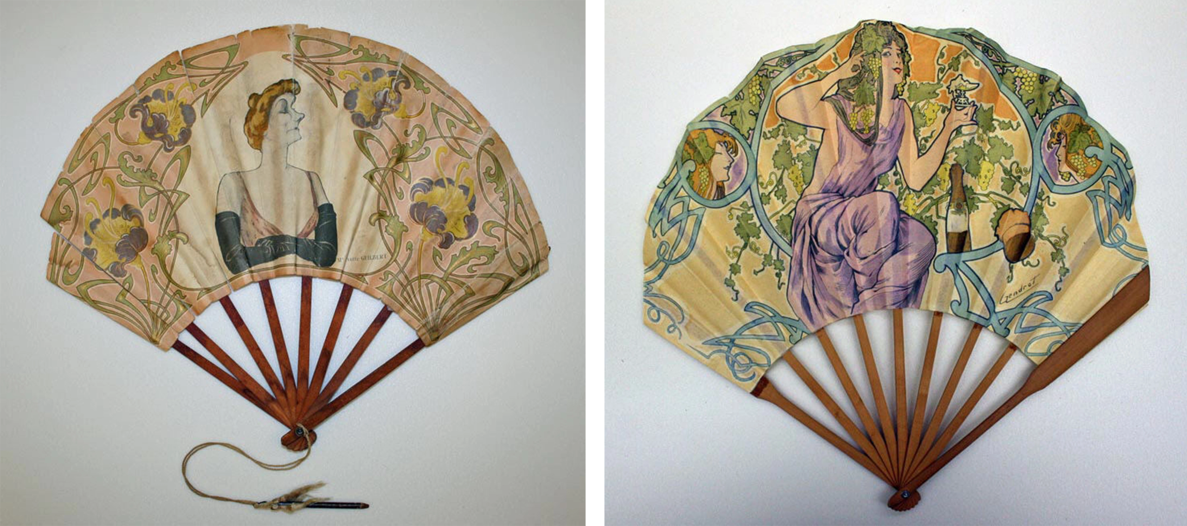 Two fans featuring women amidst vines and floral accents in an art nouveau style.