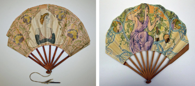 Two fans featuring women amidst vines and floral accents in an art nouveau style.