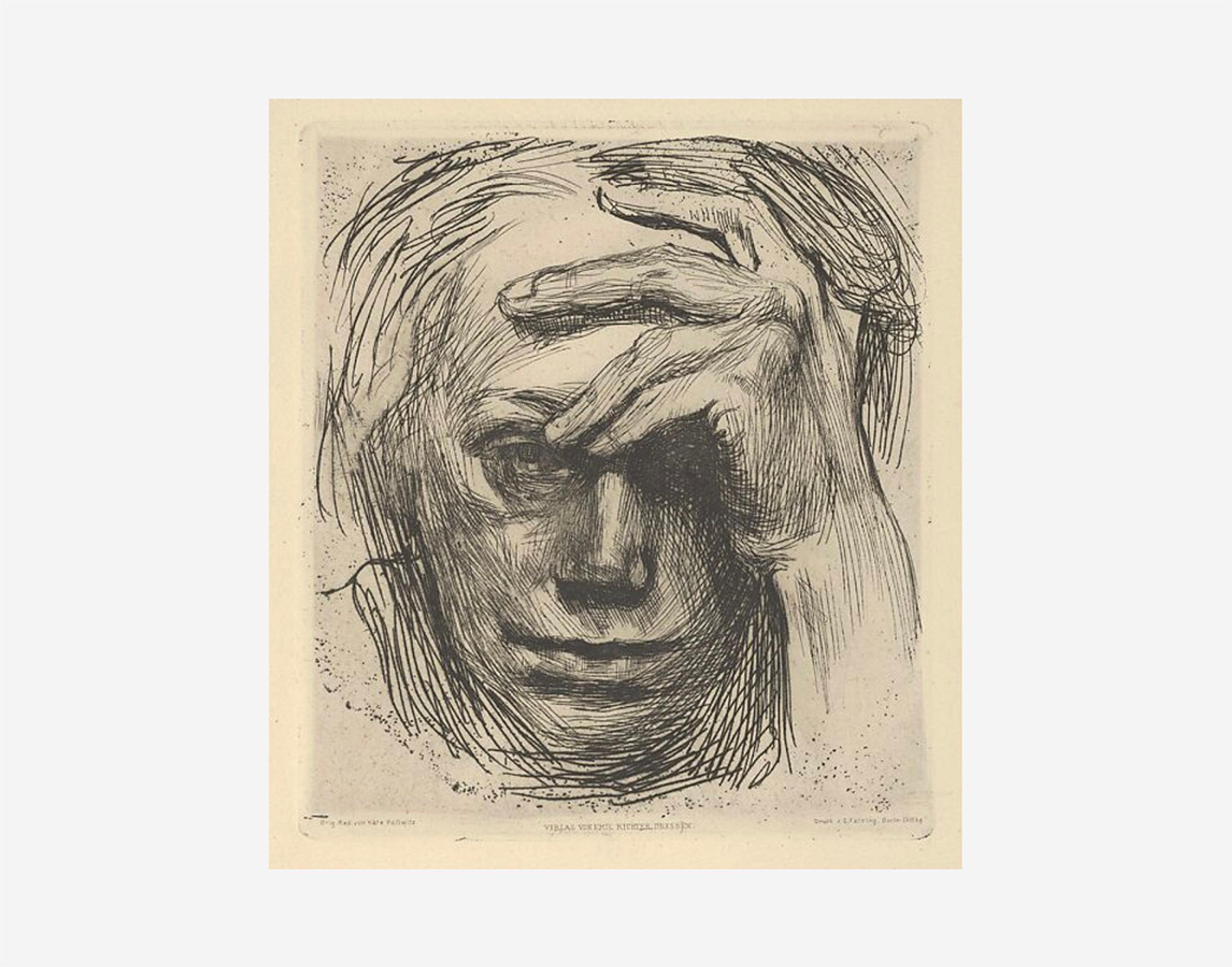 Etching of a person’s face shown up close, with one hand resting across their forehead and eyes gazing forward.