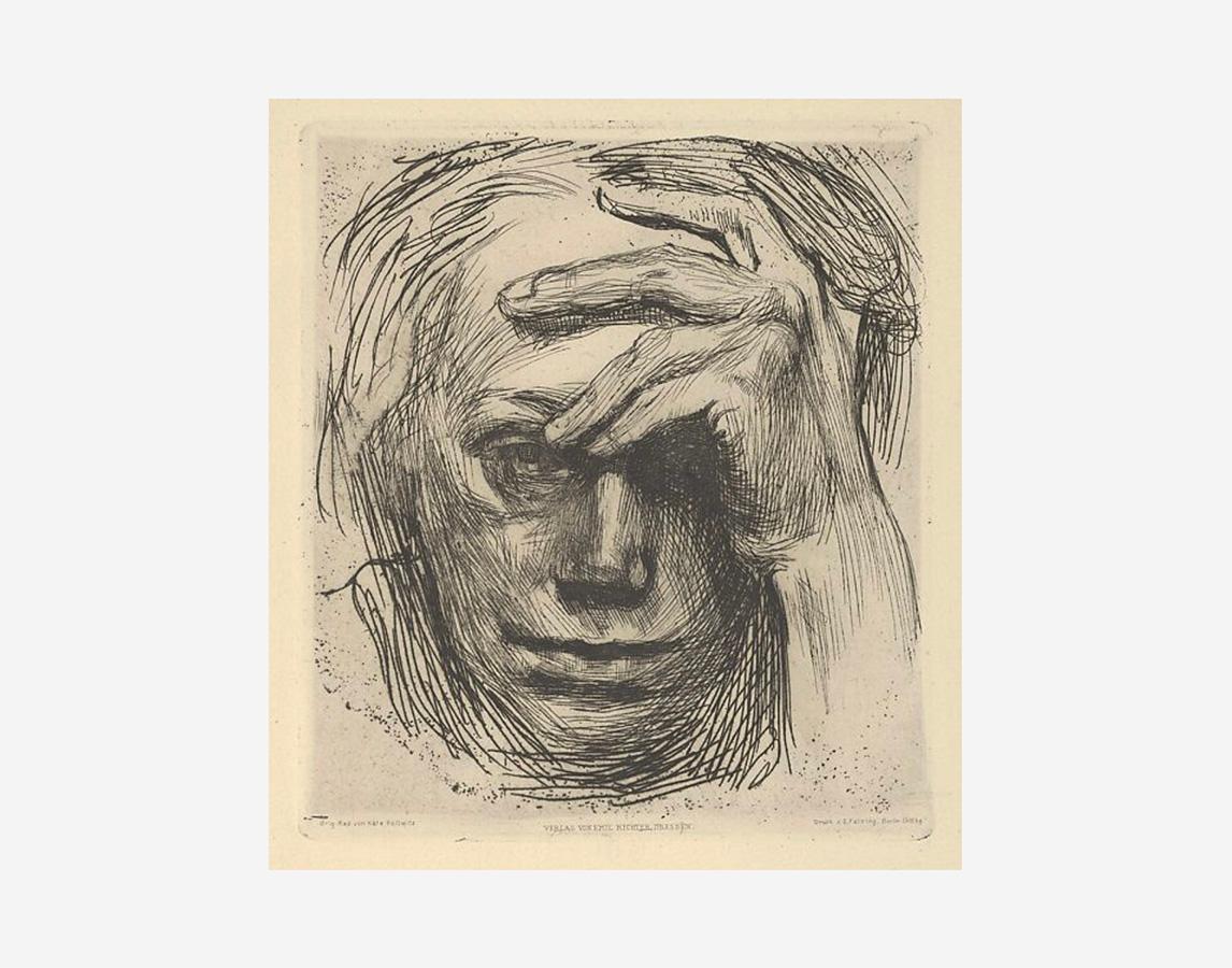 Etching of a person’s face shown up close, with one hand resting across their forehead and eyes gazing forward.