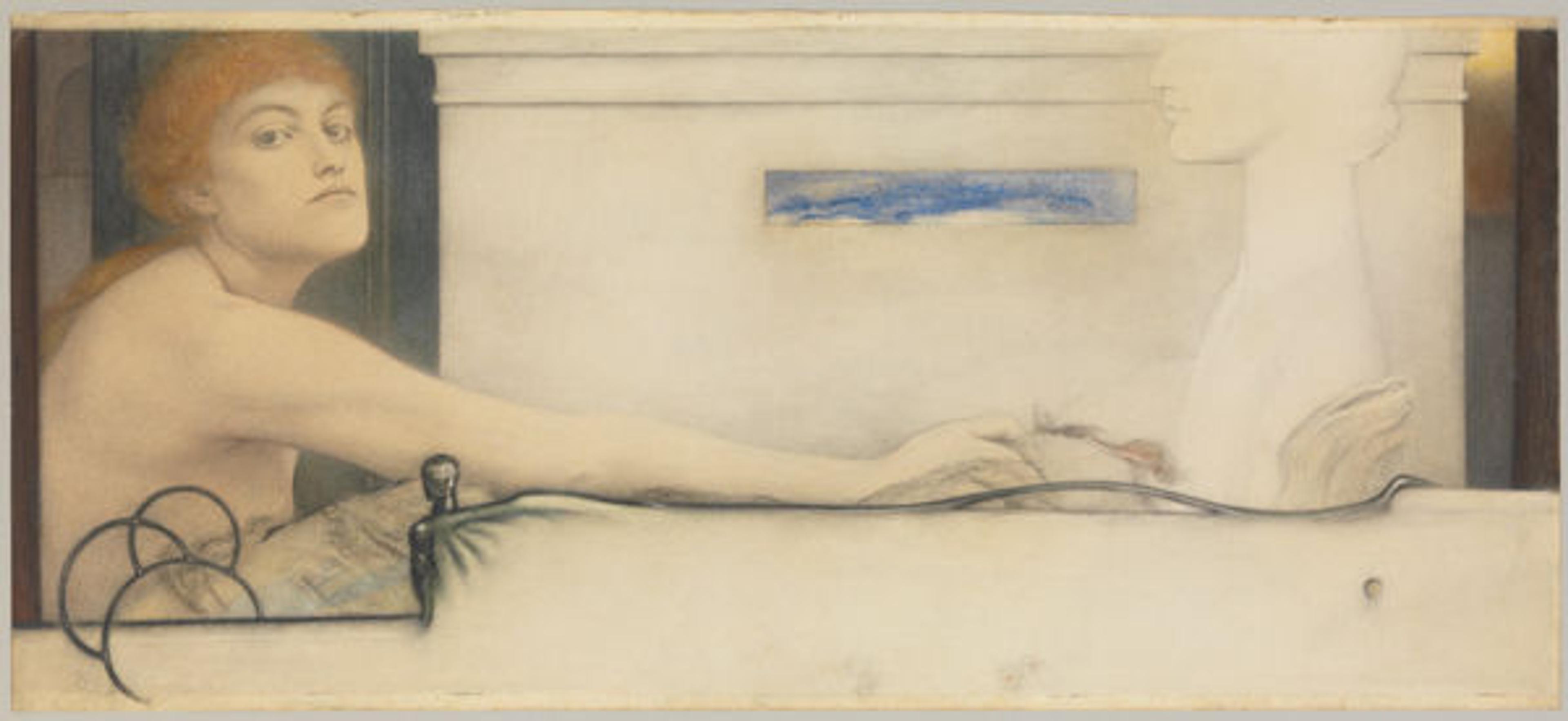 Fernand Khnopff (Belgian, 1858–1921). The Offering, 1891. Pastel, graphite, and chalk on paper; 13 3/4 x 29 1/2 in. (34.9 x 74.9 cm). The Metropolitan Museum of Art, New York, Bequest of William S. Lieberman, 2005 (2007.49.651)